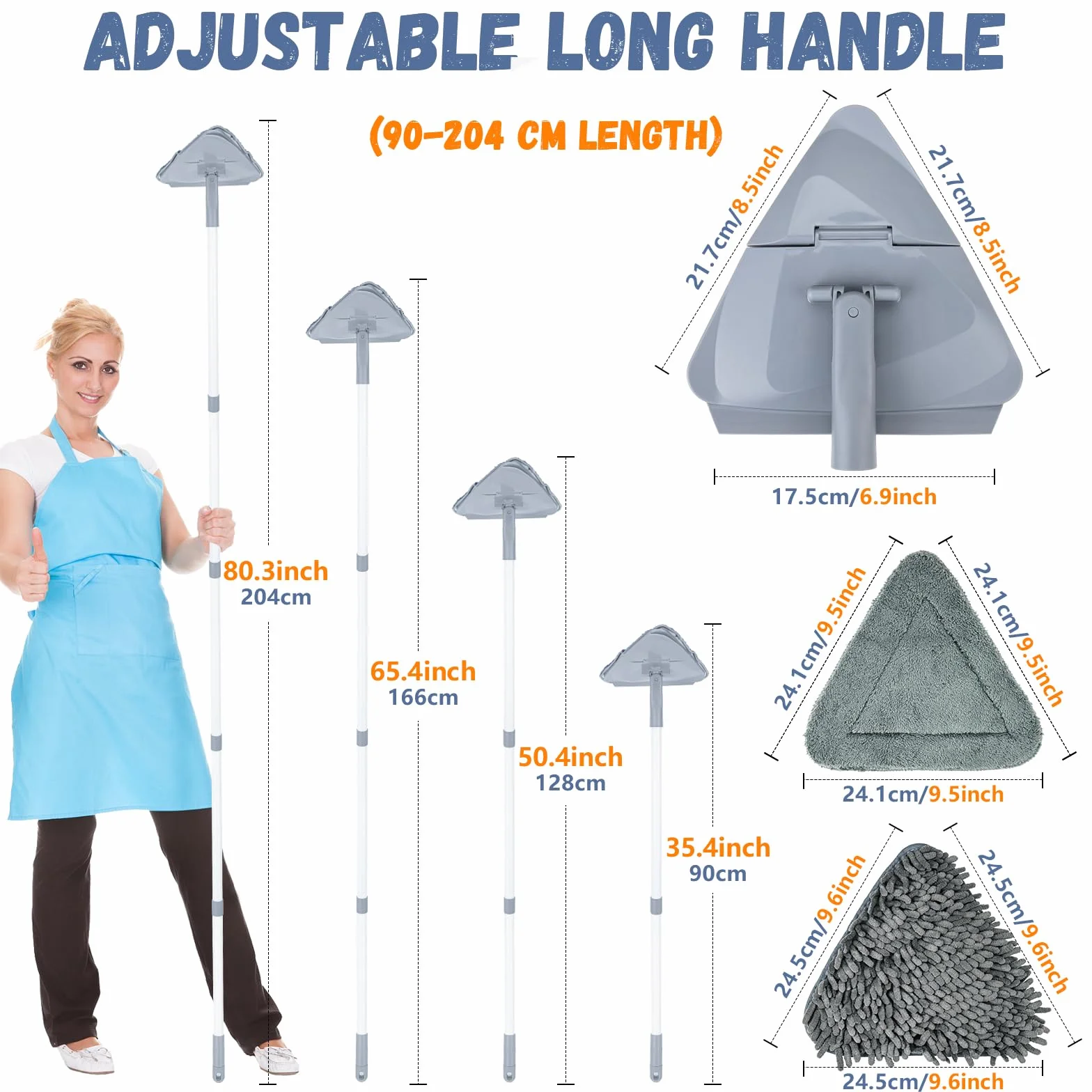 TAOPE Mopa para Limpiar Azulejos y Paredes, Limpiador de Techos con Mango Largo de 200 CM, Fregona Limpieza Plegable con 6 pcs Microfibra Chenilla, Gris Trapeador de Triangular para Ventana