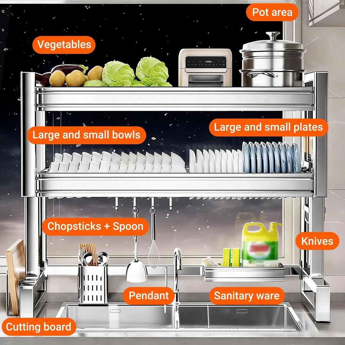 Escurridor de platos de acero inoxidable 304 que ahorra espacio para almacenamiento de cocina, platos, vasos, cubiertos