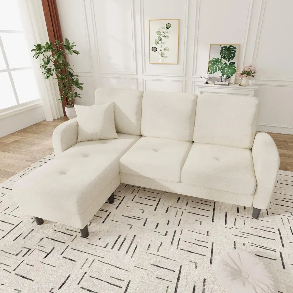 Sofá esquinero en forma de L con chaise longue, sofá de 3 plazas, 166 x 118 x 77 cm, tela transpirable de algodón y lino, patas de plástico, diseño modular, ideal para salas de estar (Beige