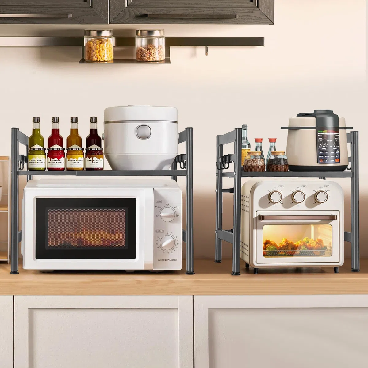 Estantería Extensible para microondas, estantería de Cocina, de pie, para microondas, de pie, Organizador de Cocina, con 6 Ganchos, para encimeras de Cocina