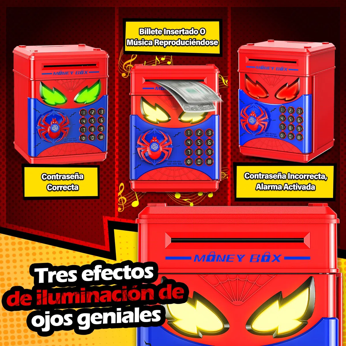 Hucha Infantil - Caja Fuente Niños, Spider Hucha Electronica con Huella Digital y Código, Hucha Cajero Automático con Succión de Billetes, Regalo Niño Niña 3 4 5 6 7 8 10 12 Años