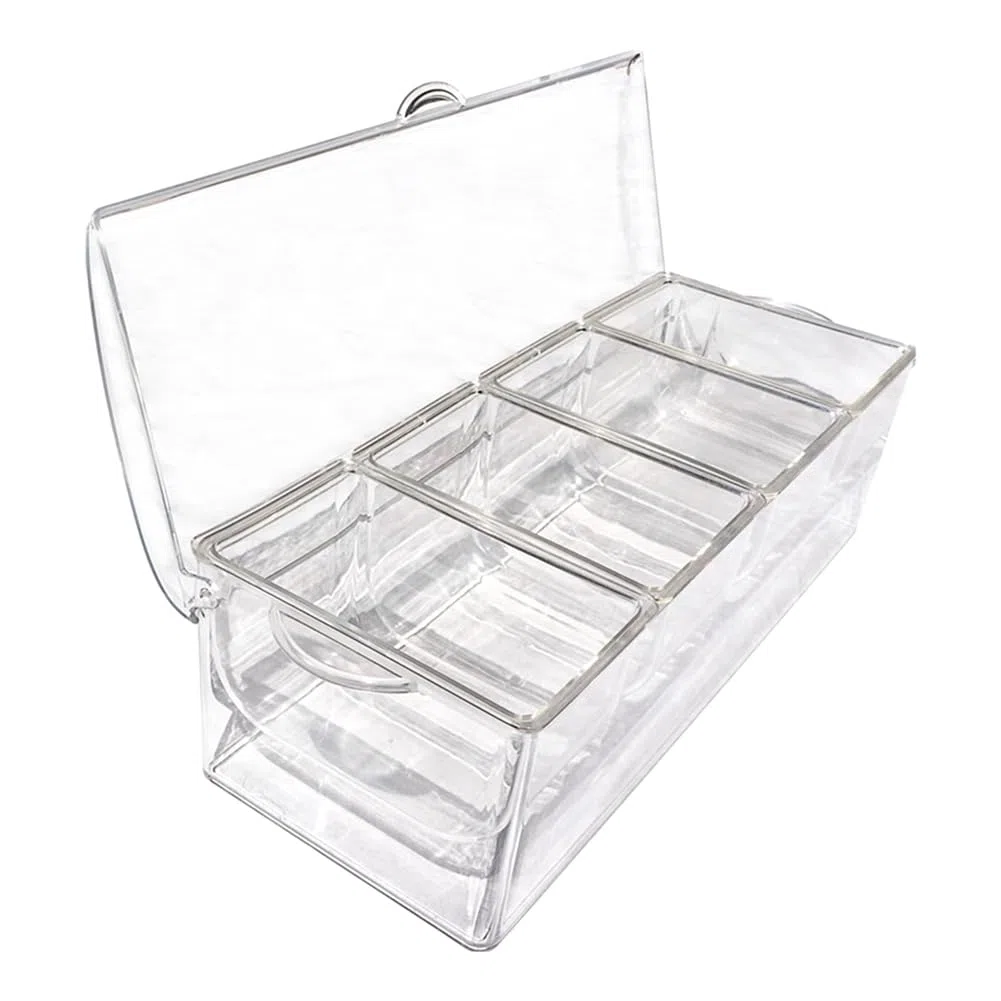 Servidor de condimentos refrigerado por hielo con 4 recipientes separados, incluye bandeja y tapas, perfecto para barbacoas, fiestas y cenas al aire libre, mantiene las salsas frescas y frías