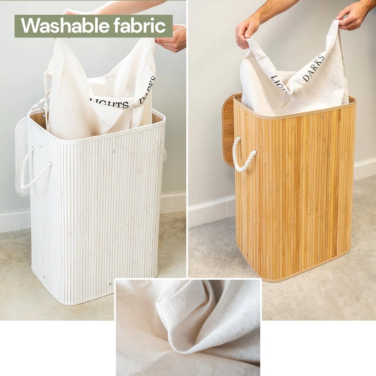 edihome, Cesto Ropa Sucia, 2 Compartimentos, Cesta con Tapa, 72 Litros, Cubo, Laundry Basket, Plegable, Bolsa Lavable Extraíble, Asas, de Bambu, para Colada (Natural)