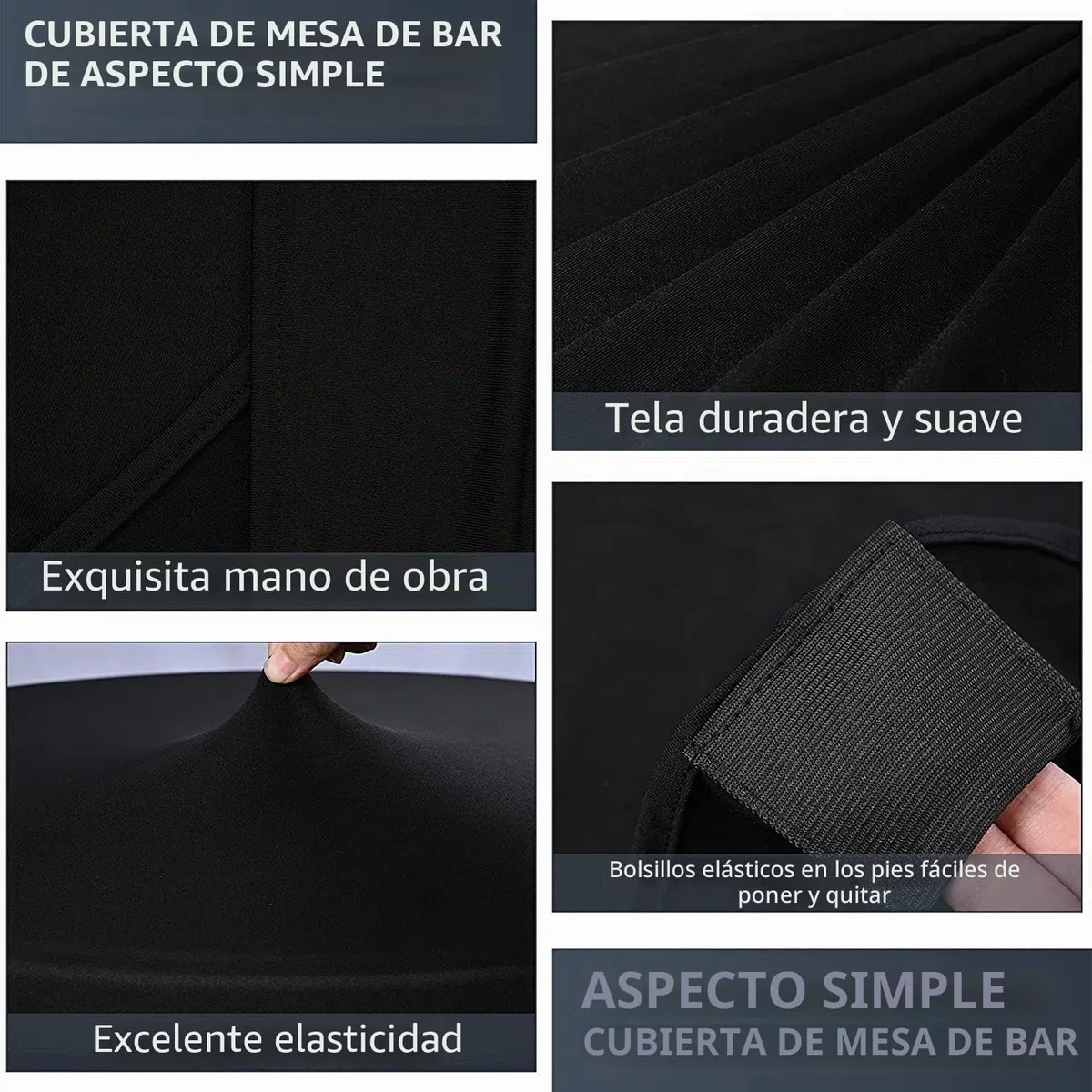 6 paquetes de mantel redondo elástico de licra para cóctel, esquinas cuadradas de cóctel, manteles de cóctel elásticos de parte superior alta para bodas, fiestas, banquetes, cumpleaños (negro)