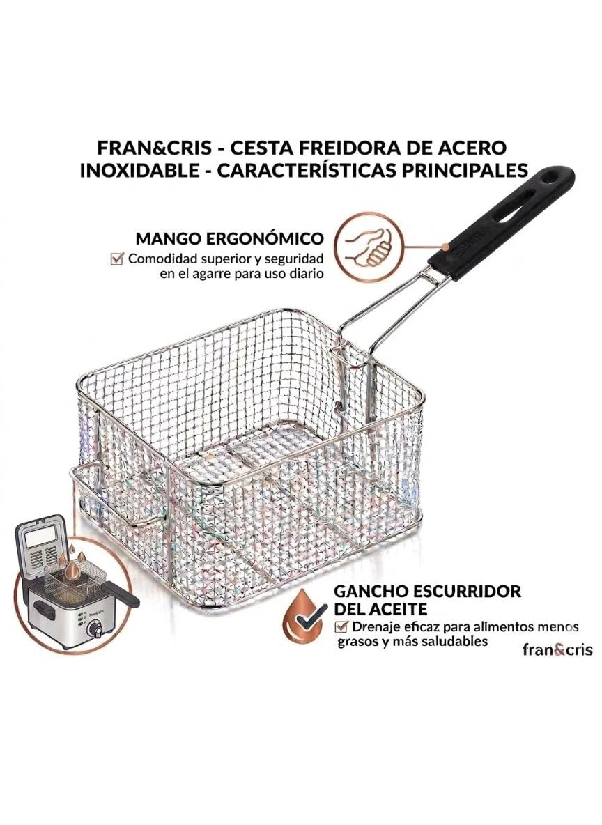 FRAN&CRIS SHOP Cesta Freidora de Acero Inoxidable. Cestillo Freidora de 21x18.5x11 cm., Cestillo para Freír con Mango ergonómico eficaz para cocinas domésticas y Profesionales.