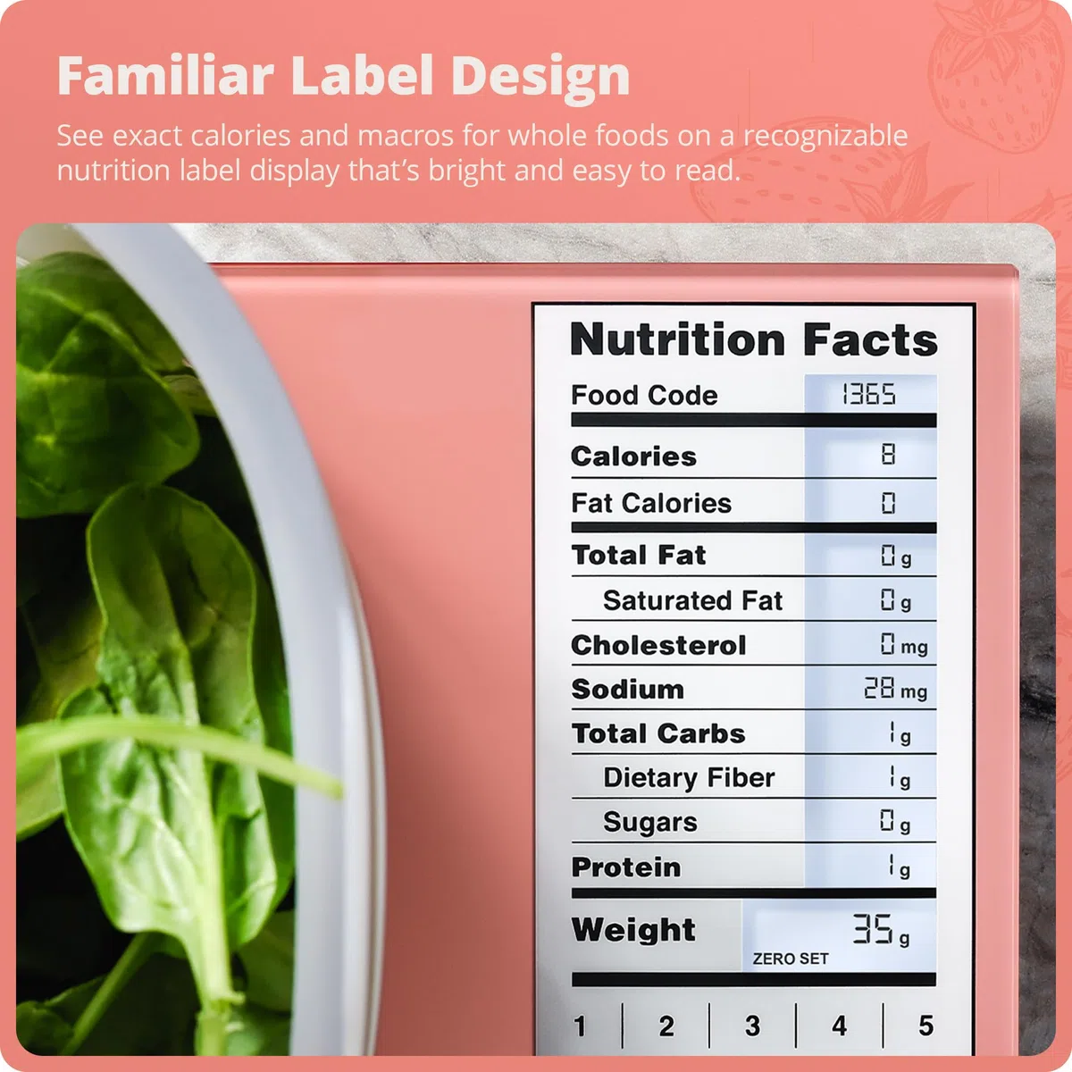 Greater Goods Báscula nutricional con vidrio de grado alimenticio, perfecta para contar calorías, preparación de comidas y pérdida de peso (rosa coral)