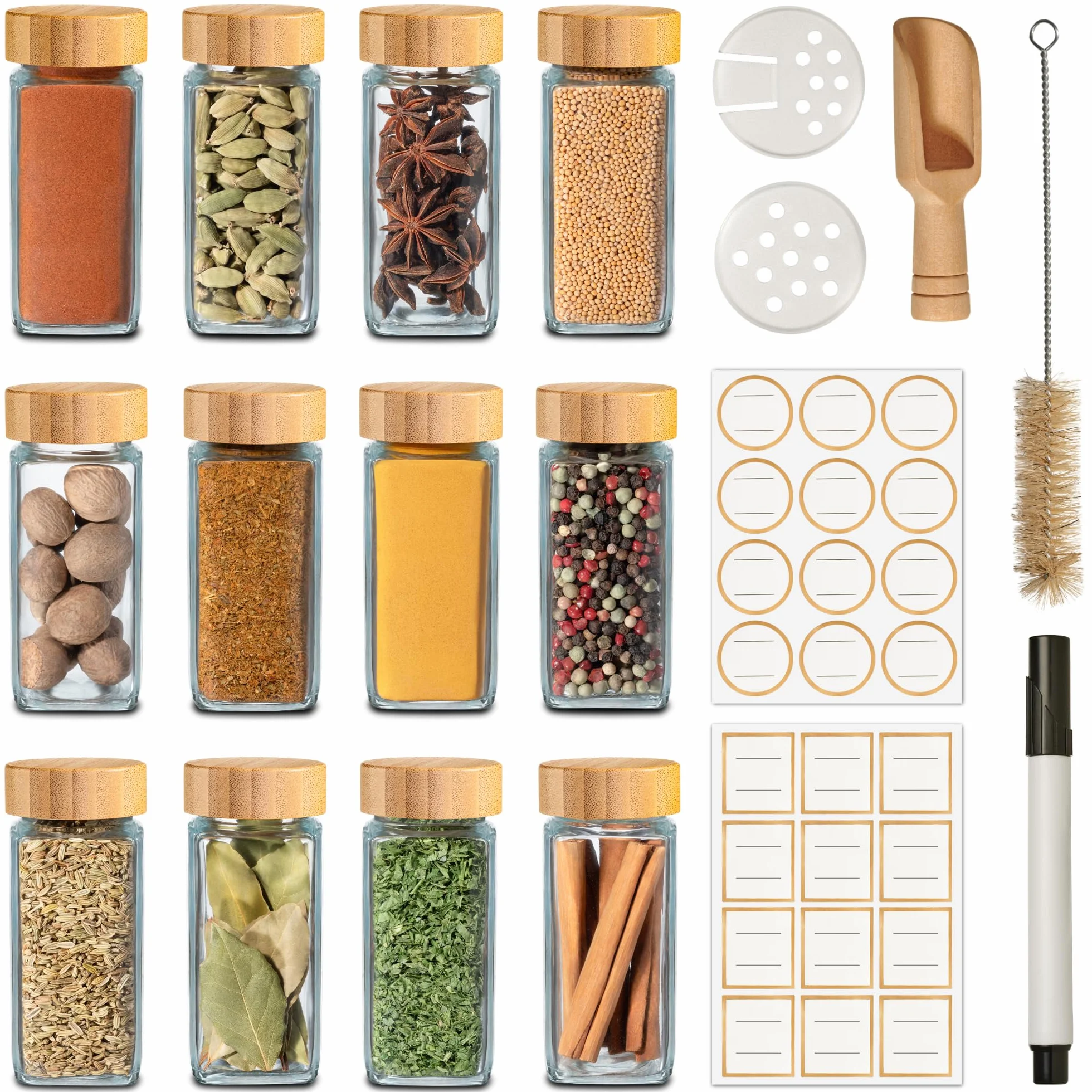 Praknu Botes para Especias de Cristal - Con Tapa de Bambú - Juego de 12 - Con Varios Filtros - Tarros de 120 ml - Incluye Pegatinas Reutilizables, Cepillo de Limpieza y Cuchara de Madera