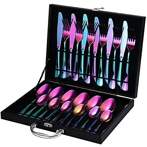 Juego De Cubiertos De Acero Inoxidable para Mesa, Juego De Cubiertos De Acero Inoxidable De 24 Piezas, Juego De Cubiertos De Acero Inoxidable, Cuchillos Pulidos A Espejo, Multicolor.