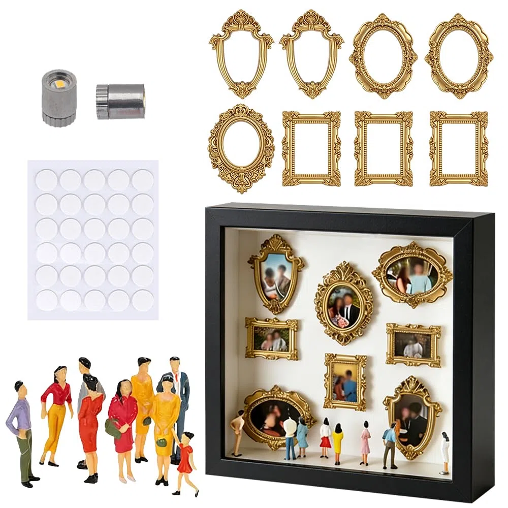 DIY Mini Marcos de Fotos Museo, Mini Museo Fotos con LED Luz, Mini Marcos de Fotos Vintage Incluye 8 Mini Marcos Dorados y 8 Figuras Variadas para Hogar, Aniversarios, Cumpleaños (Negro)