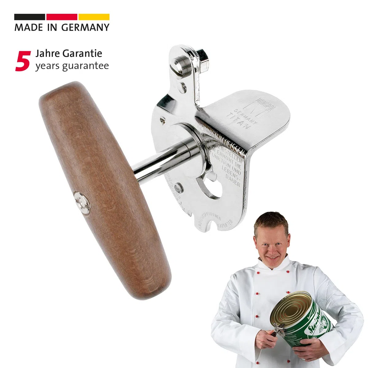 Westmark Abrelatas profesional 1 Unidad – Edición Monopol Titanio – Robusto Abrelatas de Acero – Mango de Madera Ergonómico, Duradero – Plata/Marrón