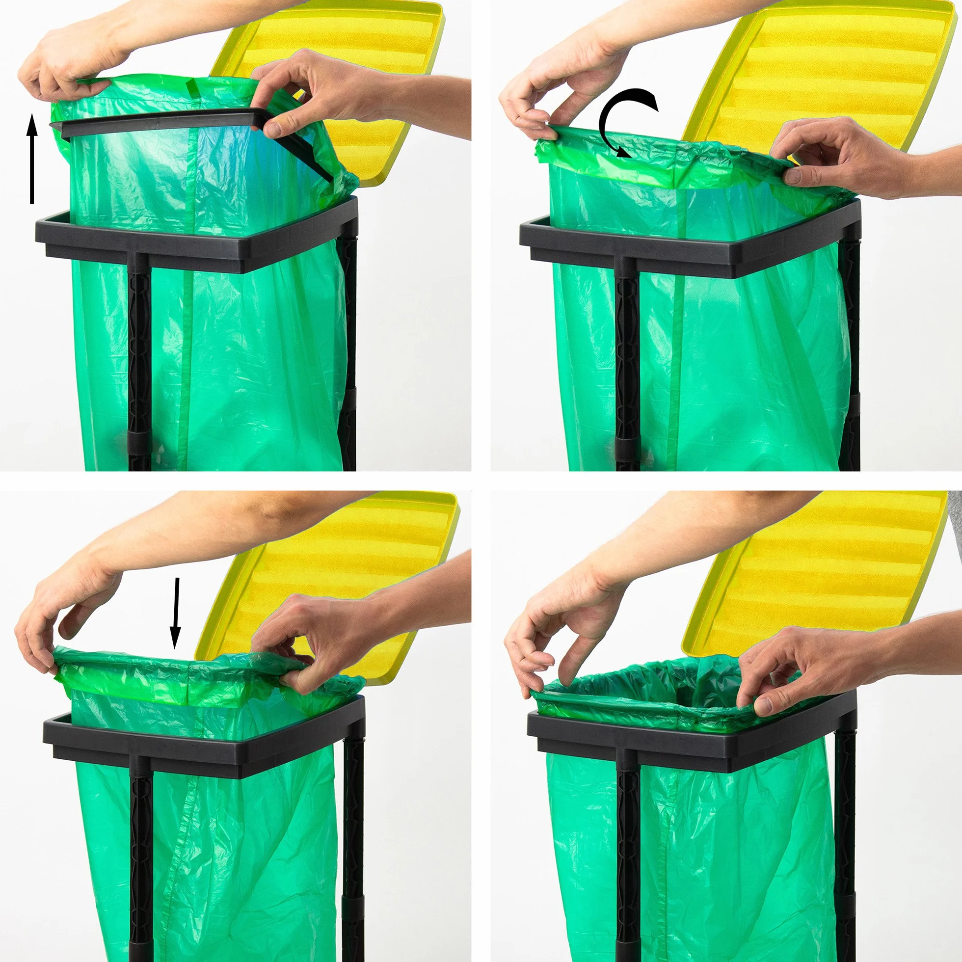 Grizzly Portabolsas de basura, 3x cubo de basura con tapa amarilla, sistema enchufable de altura regulable con anillo de sujeción, para bolsas de basura de diferentes tamaños de 25-120 litros