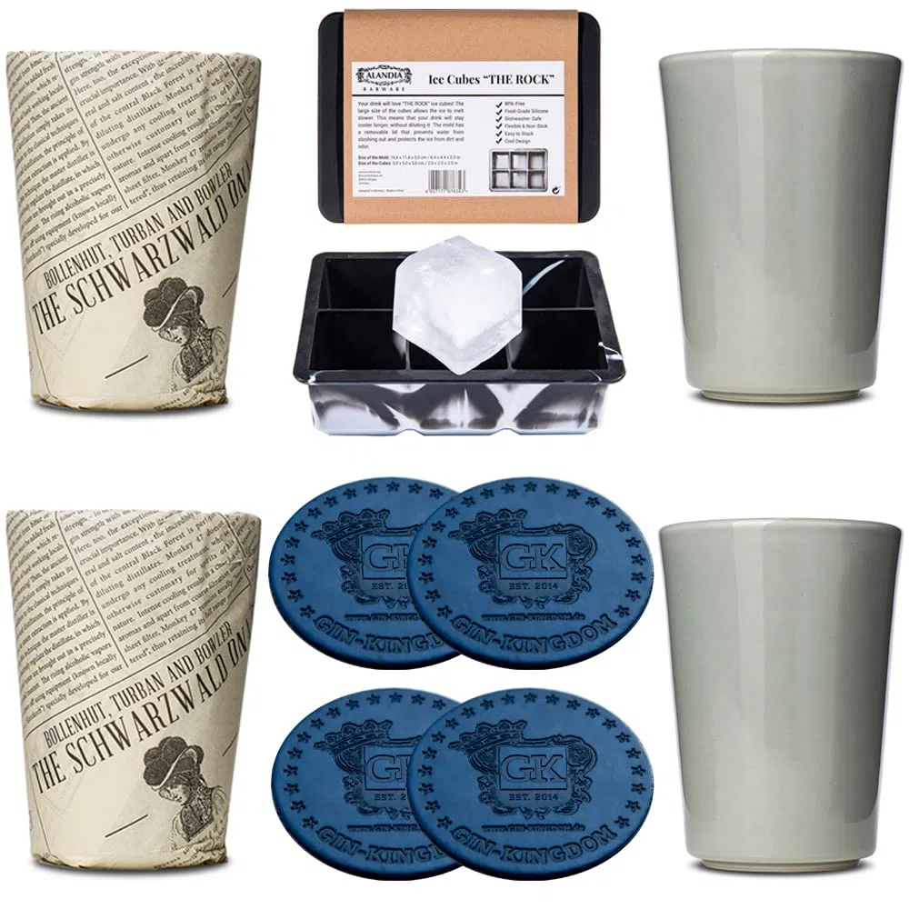ALANDIA Set de Vasos Monkey 47 | 4x Monkey Copas Gin Tonic | 4x Posavasos | 1x Molde para Cubitos de Hielo XXL con Tapa | Set de Regalo ideal para Ginebra