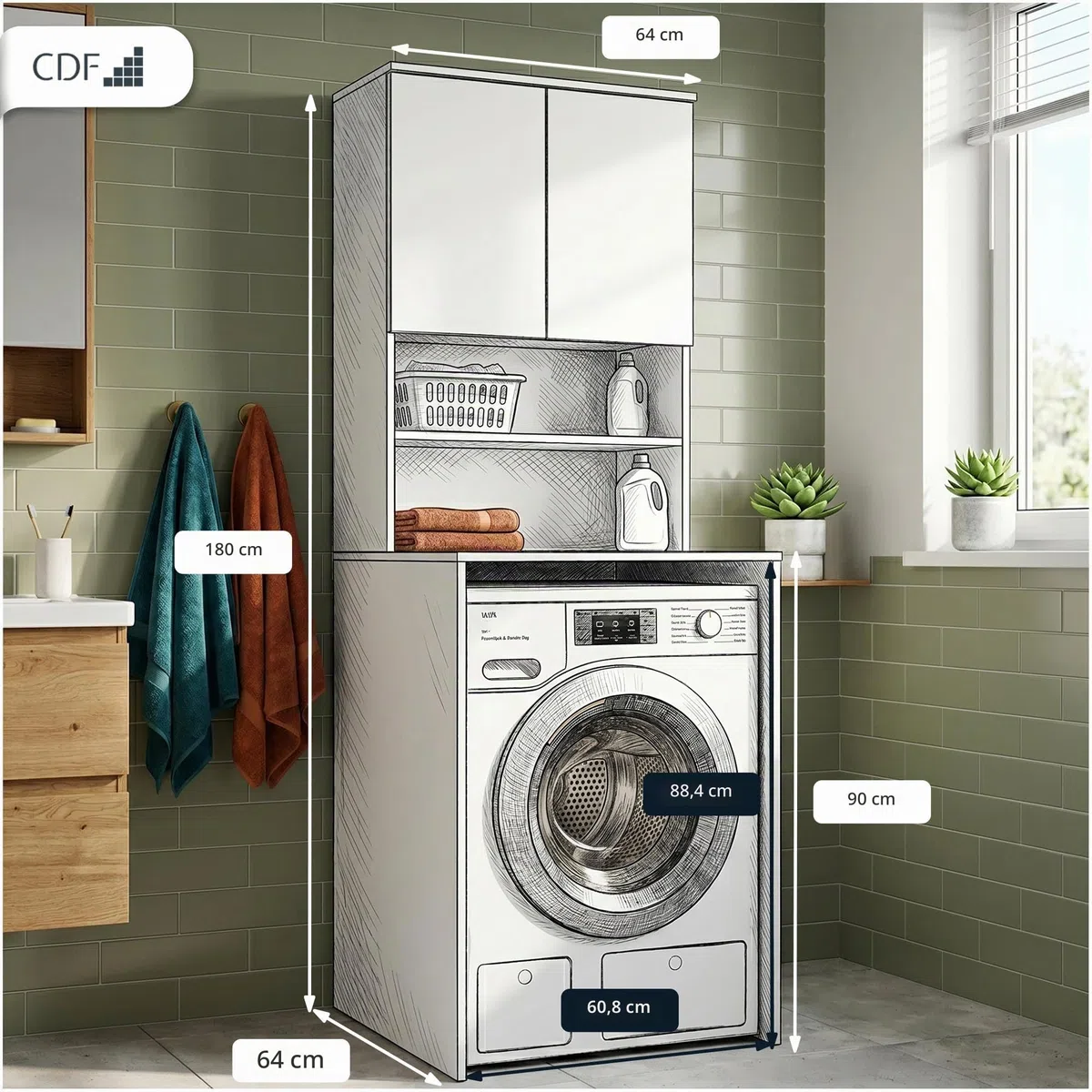 CDF Armario de baño poste para lavadora y detergentes - Estante de baño de lavandería - Muebles para accesorios de baño Medidas de limpieza funcional práctico - Ahorro de espacio - Campos Blancos