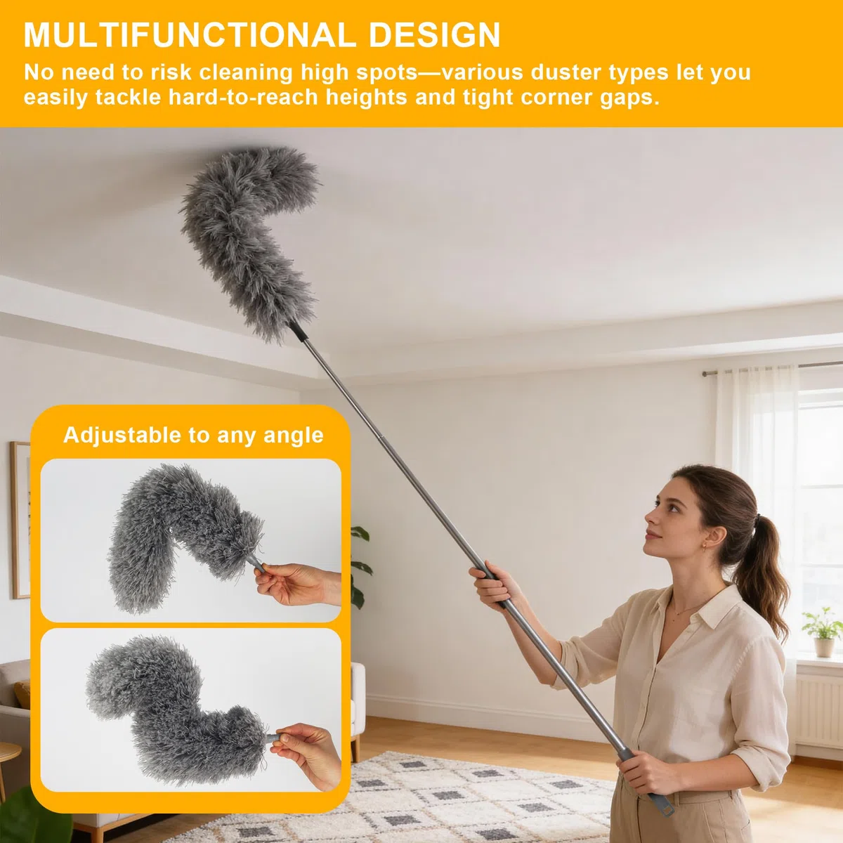 12 Piezas Plumero Atrapapolvo, Largo Plumero Telescopico Extensible, Longitud telescópica hasta 2,45 Metros, Lavable, para Limpieza de techos, Ventiladores de Techo y candelabros