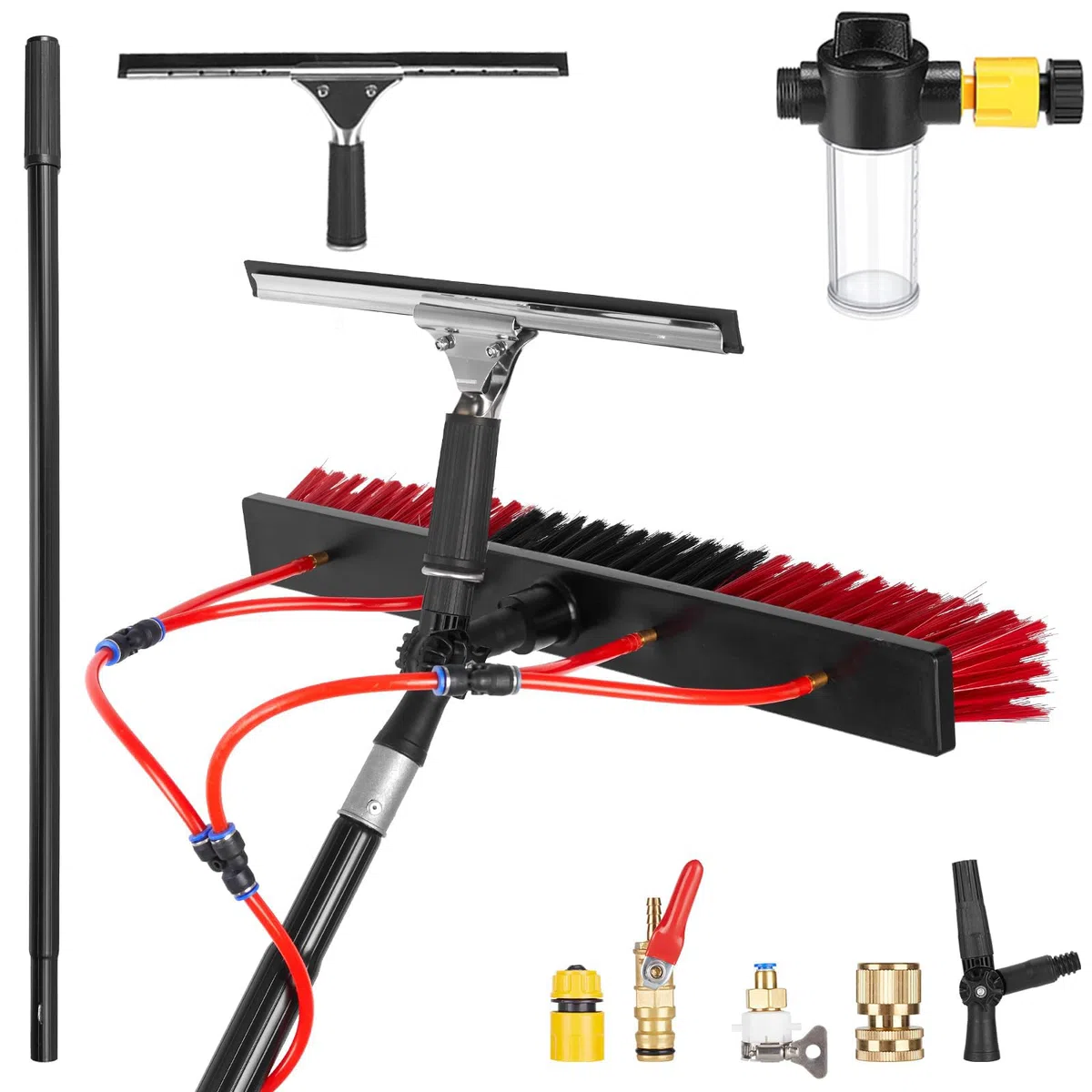 Genérico Cepillo Telescópico Limpieza 3-20m, Pértiga de Limpieza con Conexión de Agua, Dosificador de Jabón y Limpiacristales para Placas Solares, Tejados y Terrazas (55cm Brush,5m)
