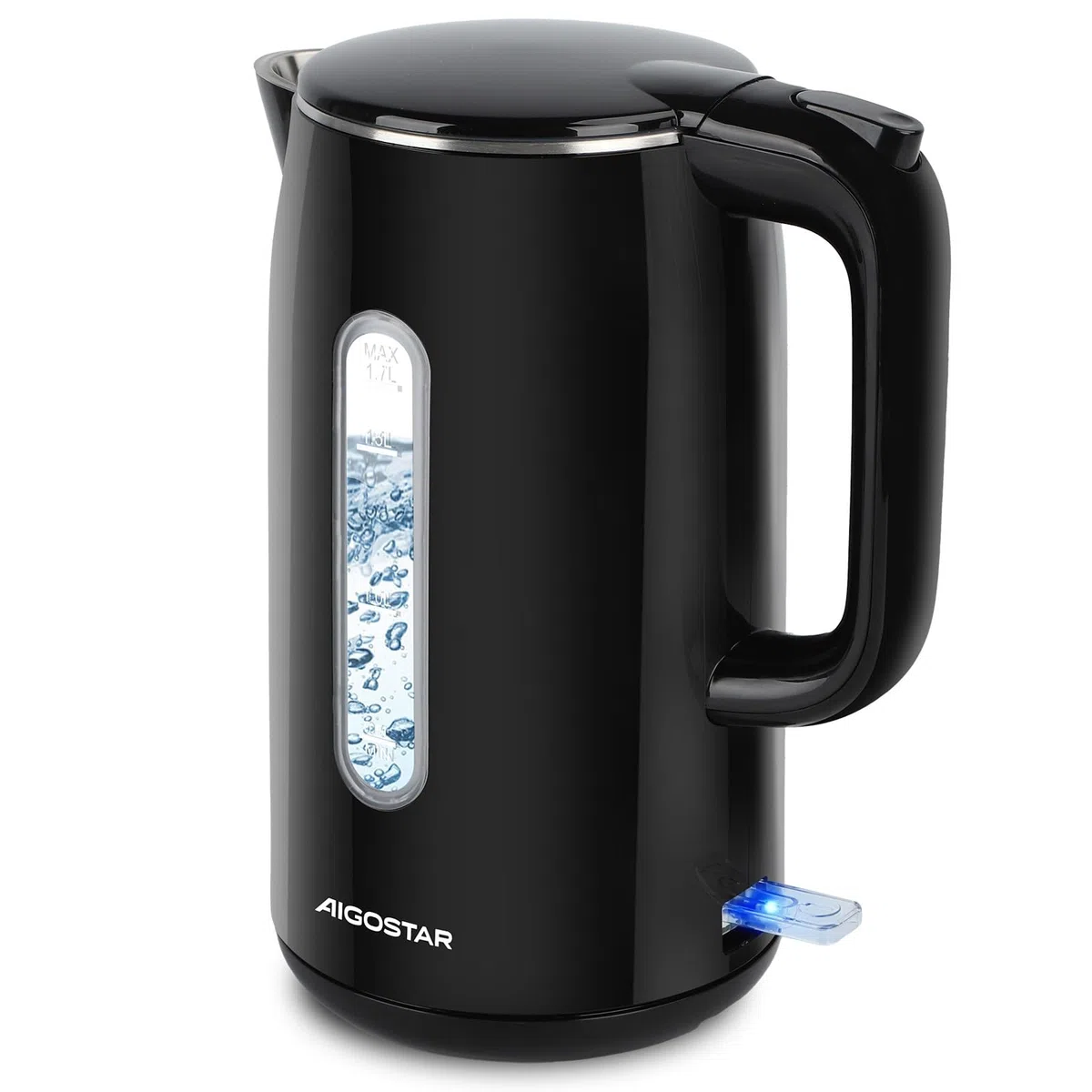 Aigostar Hervidor Agua Electrico de Acero Inox Negro 1,7 Litros - Hervido Rápido Electric Kettle 2200W, Doble Aislamiento, Ventana Visible, Sin Plástico en el Interior, Libre de BPA, Apagado Auto
