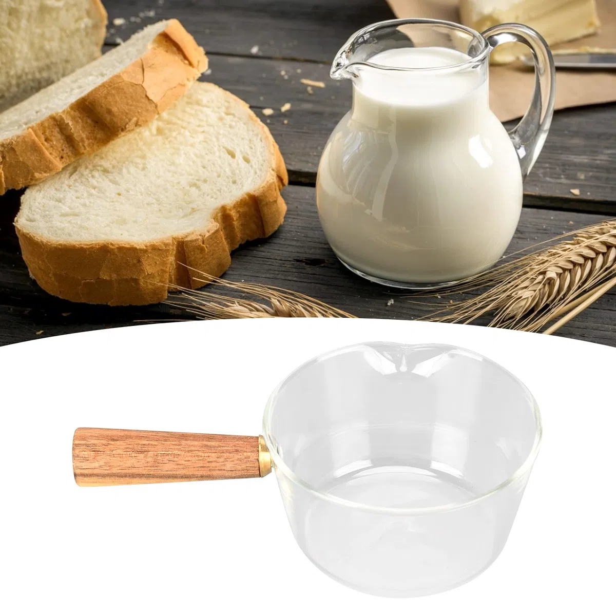 Ejoyous Cacerola para leche de cristal con mango de madera, cacerola, cacerola, cacerola para pasta con pico en V, cacerola para leche, sopa, pasta, huevos, arroz (400 ml)