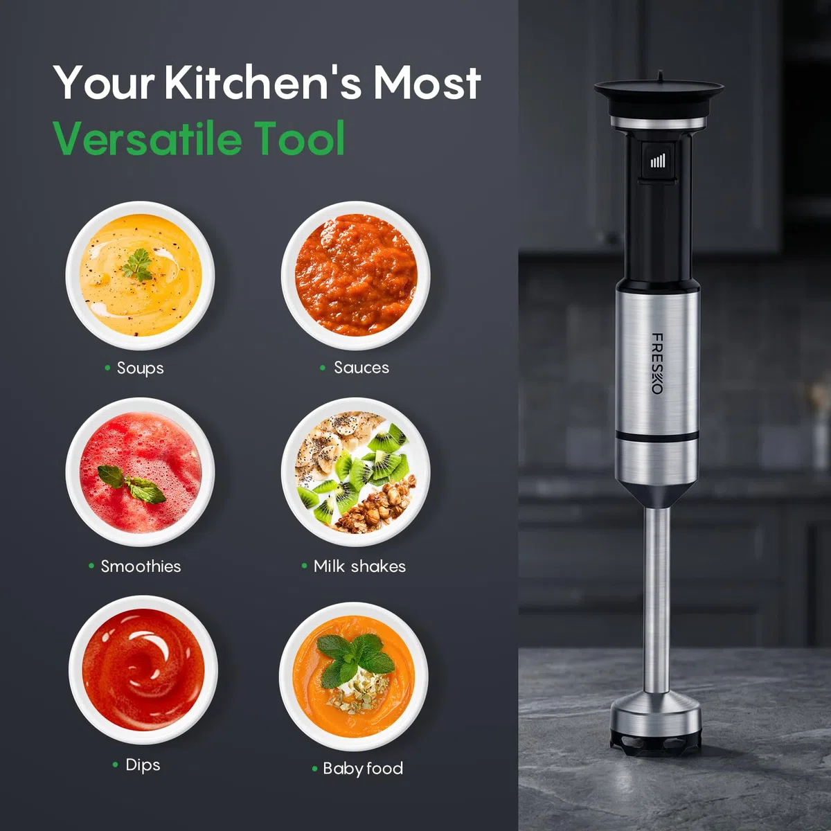 FRESKO Batidora de mano 1000W, Batidora de inmersión profesional con velocidad variable continua, 4 cuchillas de acero inoxidable, Antisalpicaduras, para sopas, batidos y papillas