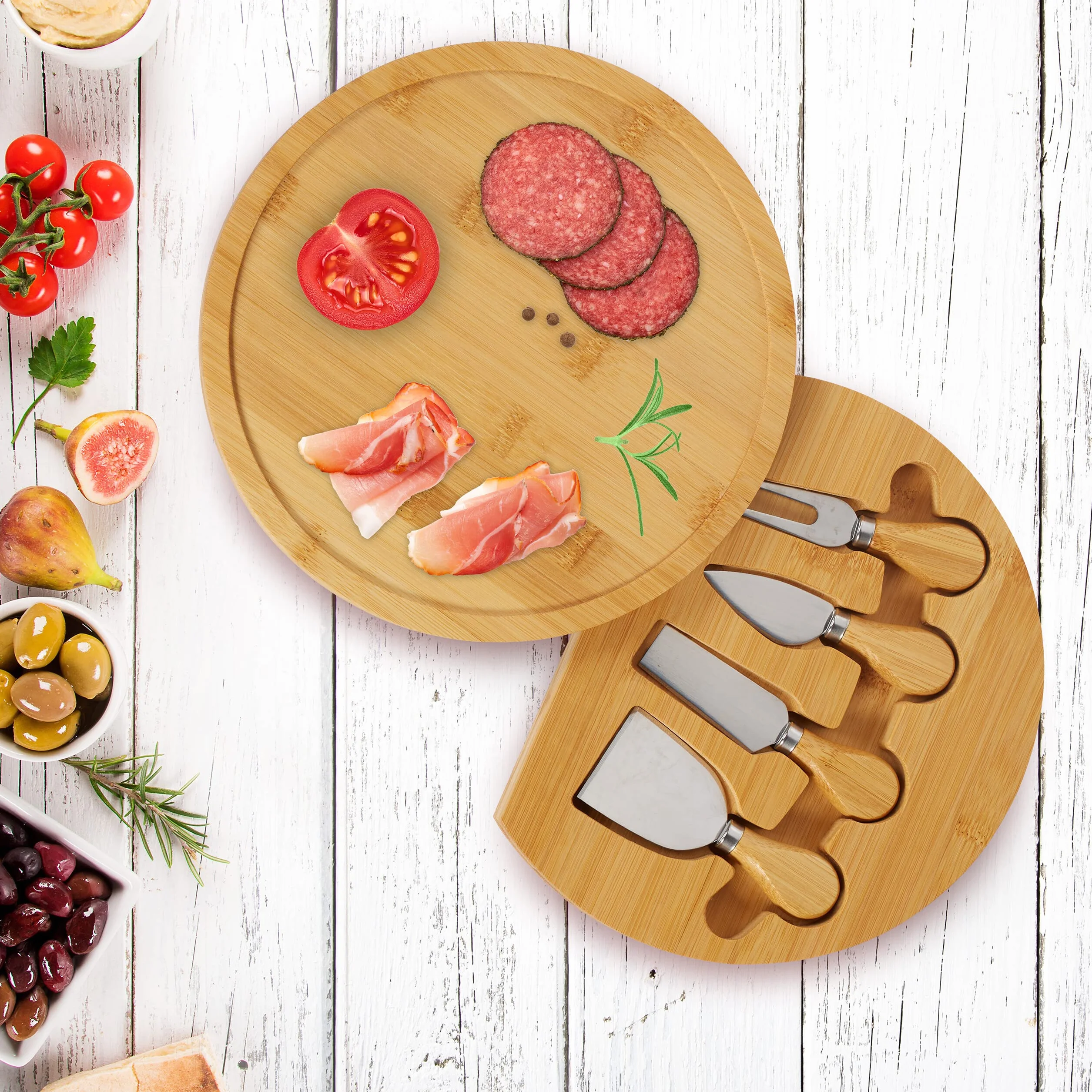 Relaxdays Tabla de Quesos Redonda con 4 Cubiertos, 4 x 25 cm, Bandeja Embutidos y Aperitivos, Bambú, Giratoria, Natural