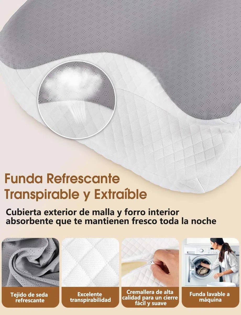 Almohada Cervical 2 en 1 Almohada Ergonómica de Espuma de Memoria para Dormir Soporte para Cabeza, Cuello y Hombro 61x41x12/13 cm