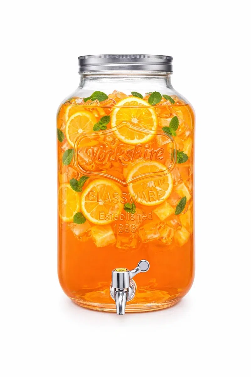 Dispensador de Bebidas de Cristal con Grifo Antigoteo, Tapa Metálica, Estilo Vintage Retro para Fiestas, Eventos, Limonada, Sangría, Agua (5 Litros (27 cm)) Bote con Grifo