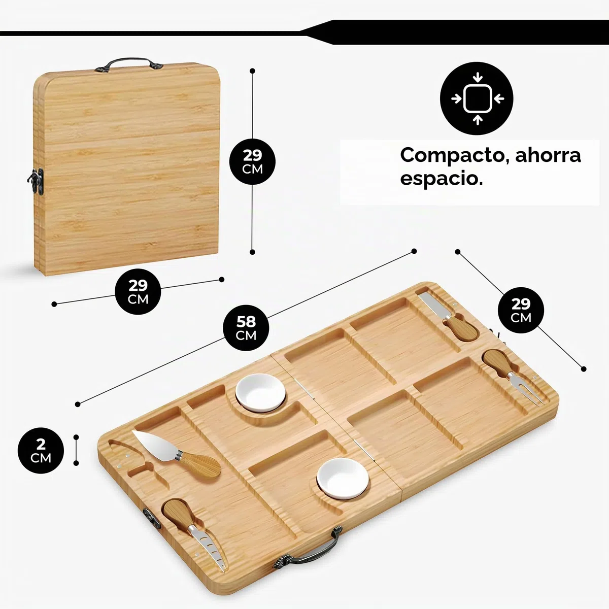 Juego De Tabla De Queso De Bambú Plegable con 4 Cuchillos Y 6 Tenedores - Set De Regalo Extensible De Madera para Embutidos Y Queso | Bandeja De Servicio para Tapas Y Fruta