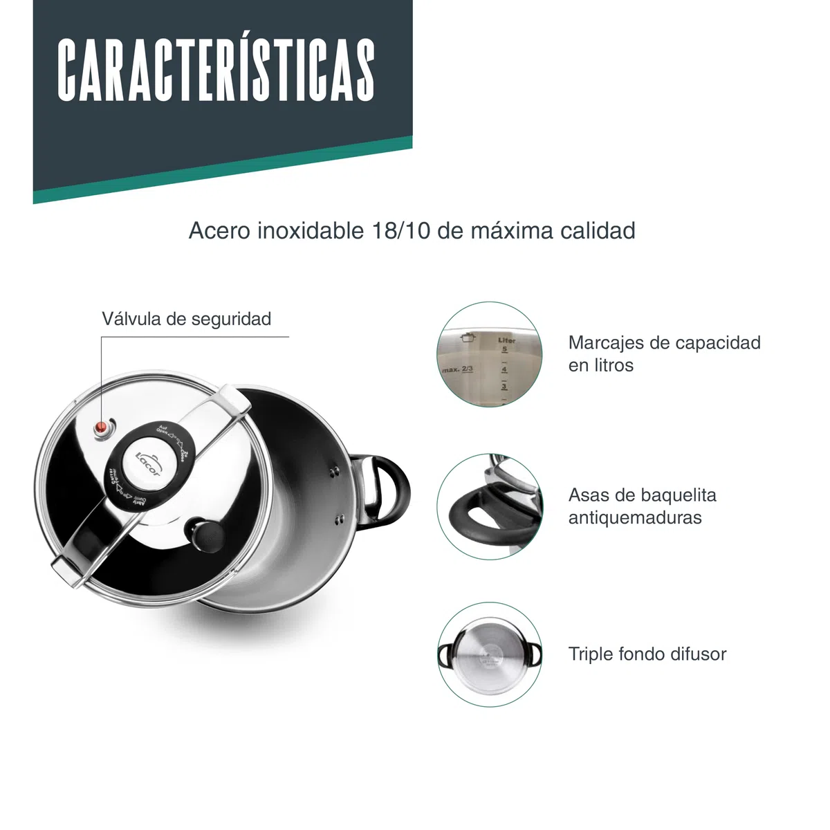 Lacor 71878 - Olla a presión Classic, Acero inoxidable 18/10, Apta | En acero inox 18/10, para cocidos y grandes cantidades; apto para inducción, con 8 L de capacidad, para tu cocina cada día