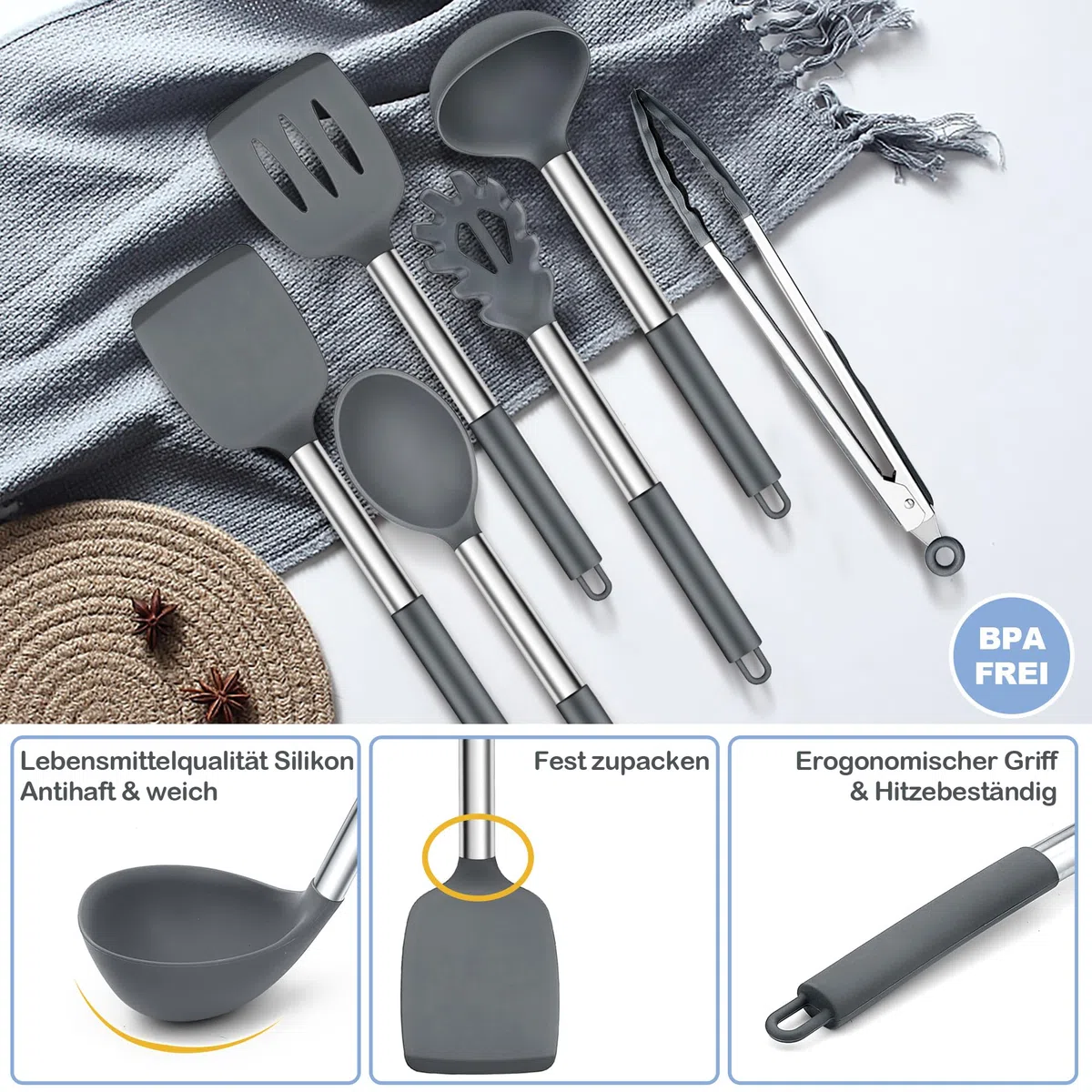 Herogo Juego de 6 utensilios de cocina de silicona, color gris, mango de acero inoxidable, resistente al calor, antiadherente, incluye pinzas, volteador, espátula, regalo ideal