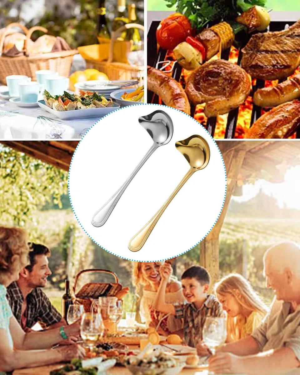 2 Piezas Cucharón para Salsa Acero Inoxidable,Cuchara para Salsa con Pico Vertedor,Cuchara Pequeña para Condimentos,Sopas,Salsas,Jugos(Oro,Plata)