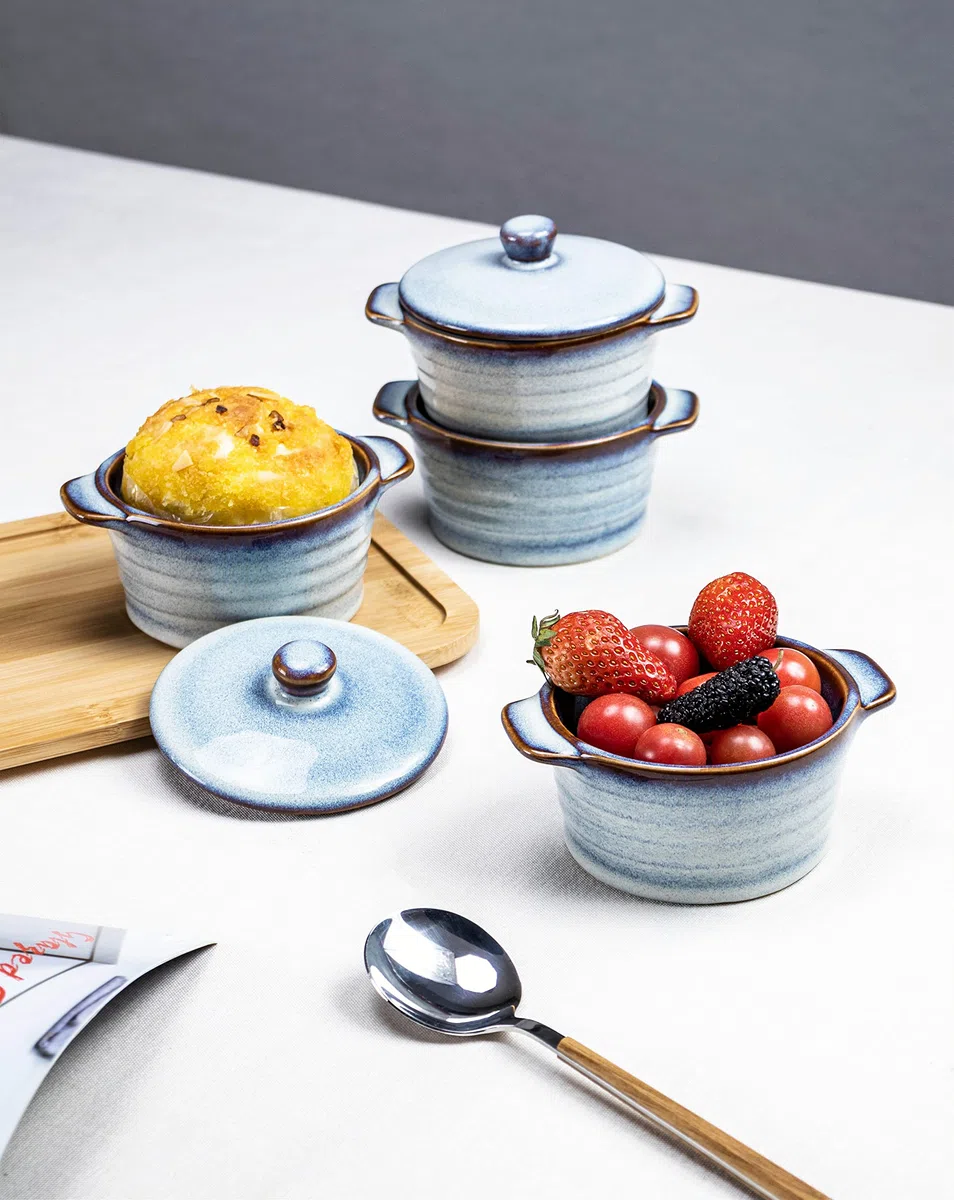 Mini Cocotte, Moldes de Gres con Tapa y Asas, Juego de 4 Platos para Horno de Cazuela para Creme Brulee Soufflé, Aptos para Horno, Cuencos para Moldes - Azul