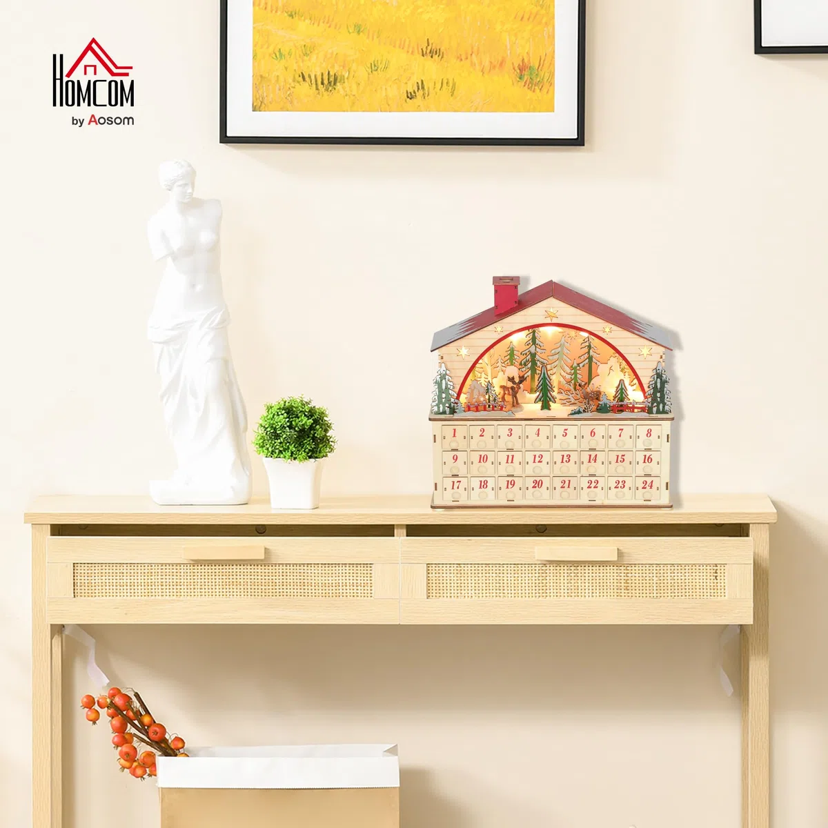 HOMCOM Calendario de Adviento para Rellenar de Madera, con Luces LED y 24 Cajones, Calendario de Adviento de Navidad Reutilizable con Escena de Pueblo, Decoración Navideña, 36x10x34 cm, Natural