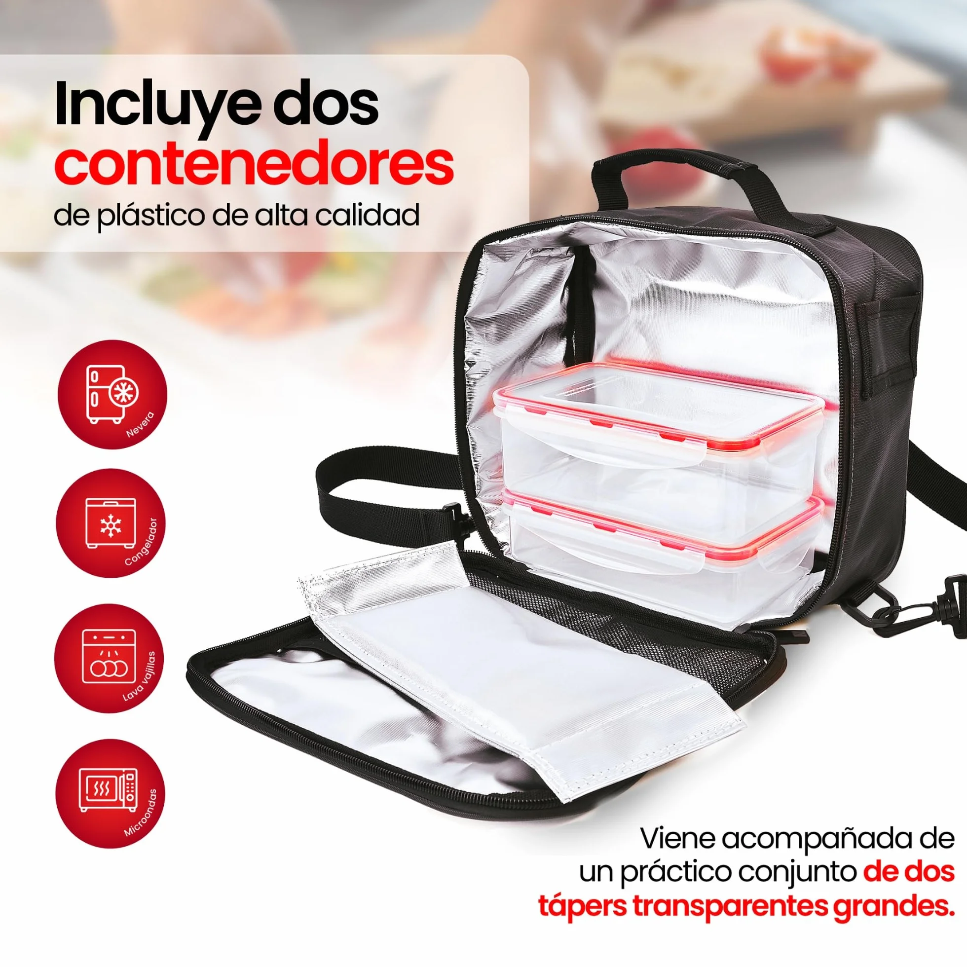Maxi Bolsa Térmica Porta Alimentos - Lunch Bag Grande 5,8 l con Tapers de Plástico 0.7 l y 1 l, Bolsa Nevera con Paredes Extra-Gruesas Mantiene Calor/Frío 8h, Loncheras de Trabajo, Oficina, Gris
