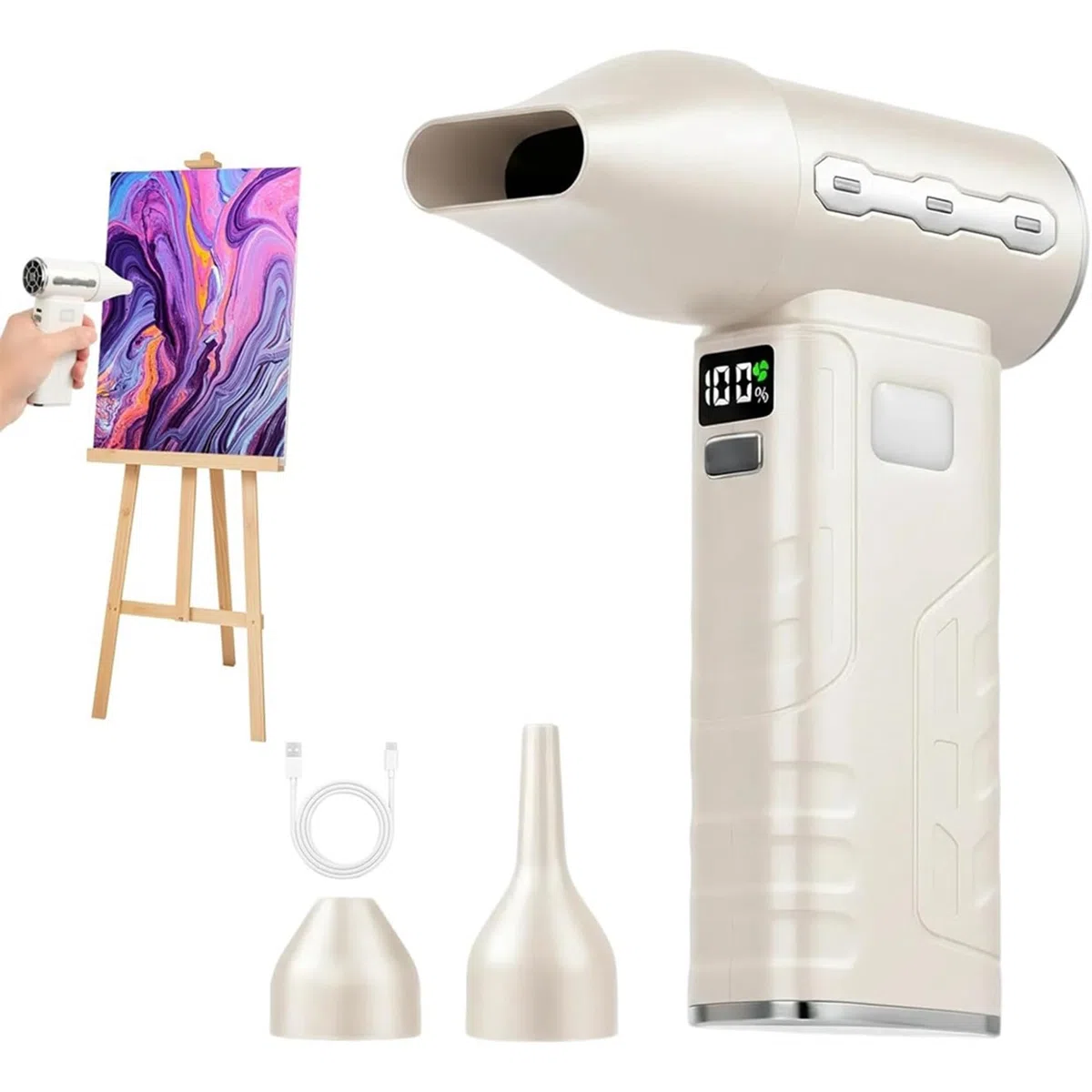 Secador de pintura inalámbrico para arte fluido con 3 boquillas, ajuste de 5 velocidades, mini soplador de vertido acrílico para arte fluido, pintura acrílica
