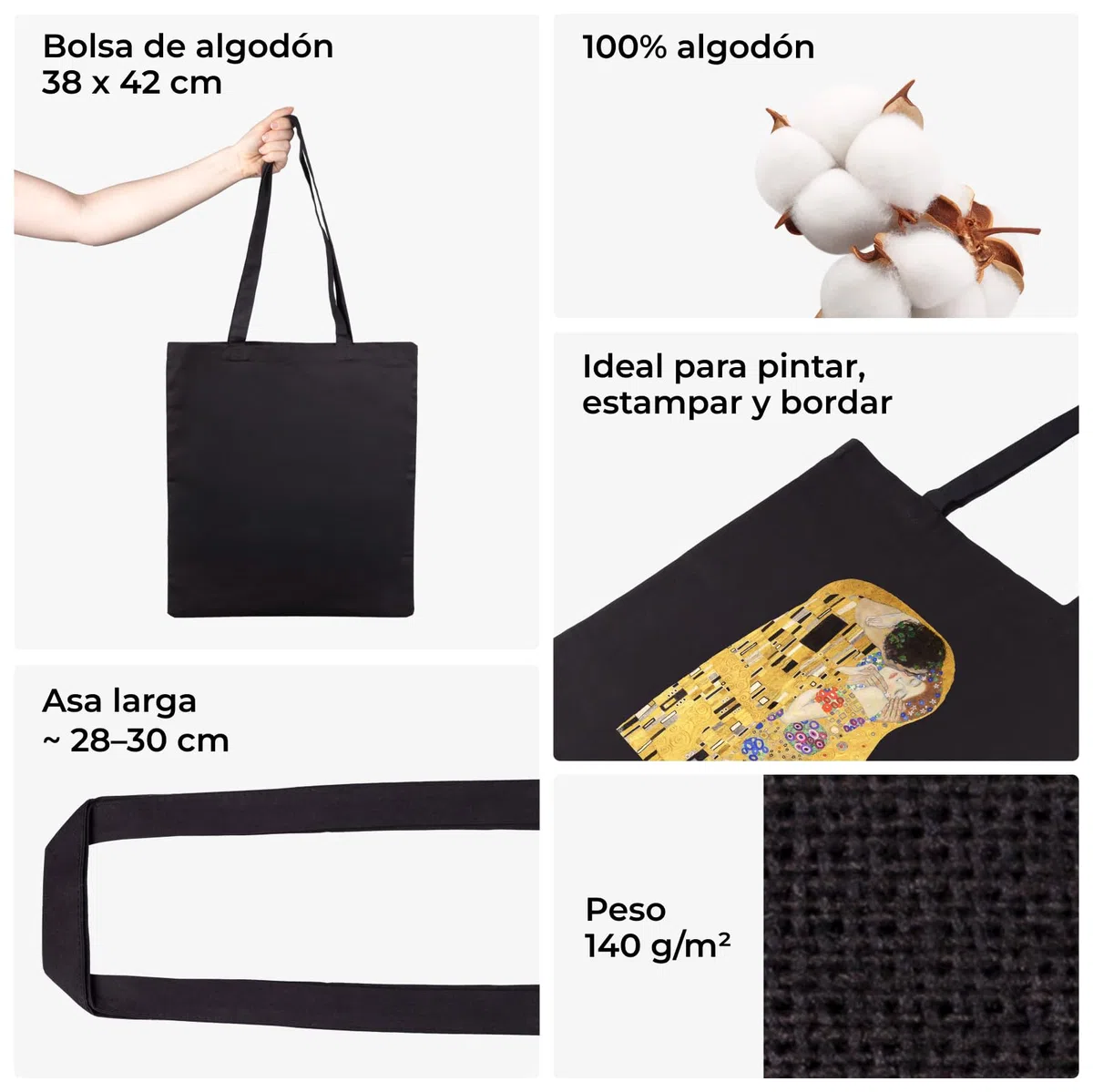 Bolsa de tela 38x42 cm para pintar – Pack surtido – Bolsa de algodón con asas largas
