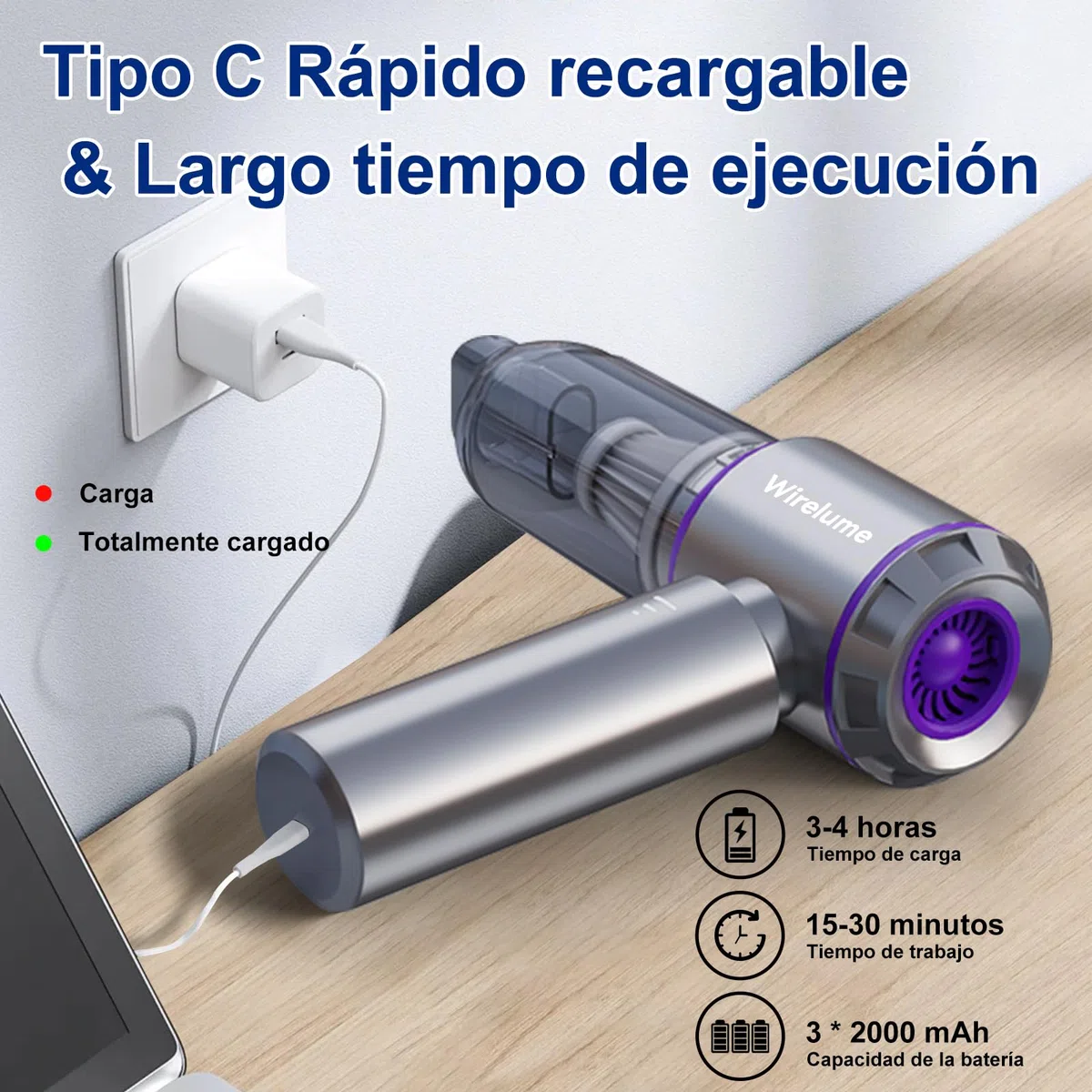 Aspirador de Mano para Coche inalámbrica Potente 22000 Pa succión ciclónica Fuerte Motor Mini pequeña de Mesa sin escobillas portátil Recargable Ligera para Pelo de Mascotas, vehículo, hogar