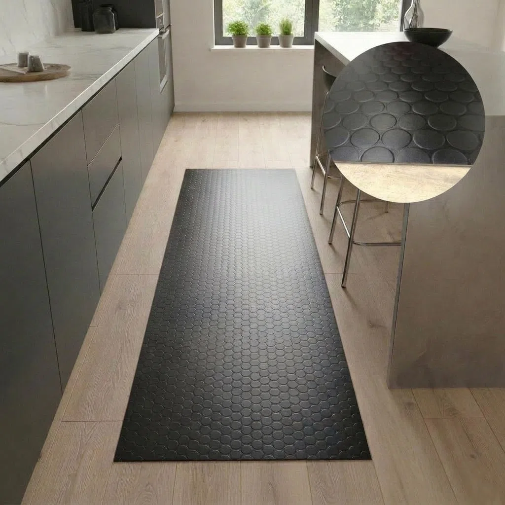 Revestimiento Suelo,Vinilo Botones, Negra Estilo Industrial con Círculos, Antideslizante y Fácil de Limpiar (200x500 cm)