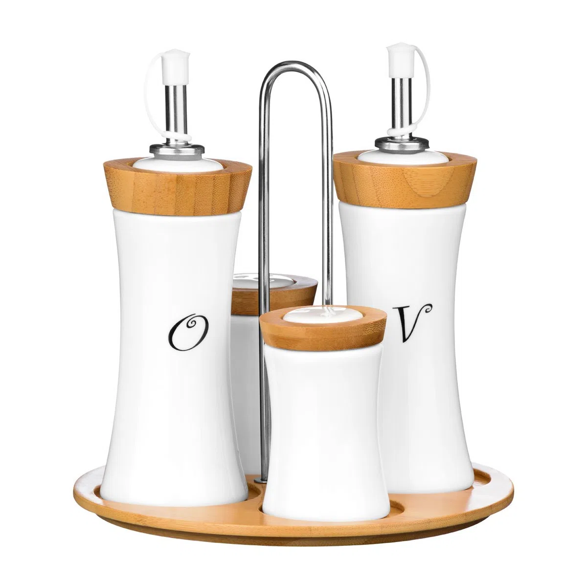 Premier Housewares - Juego de aceitera, vinagrera, salero y pimentero (cerámica y bambú), diseño cóncavo, Color Blanco