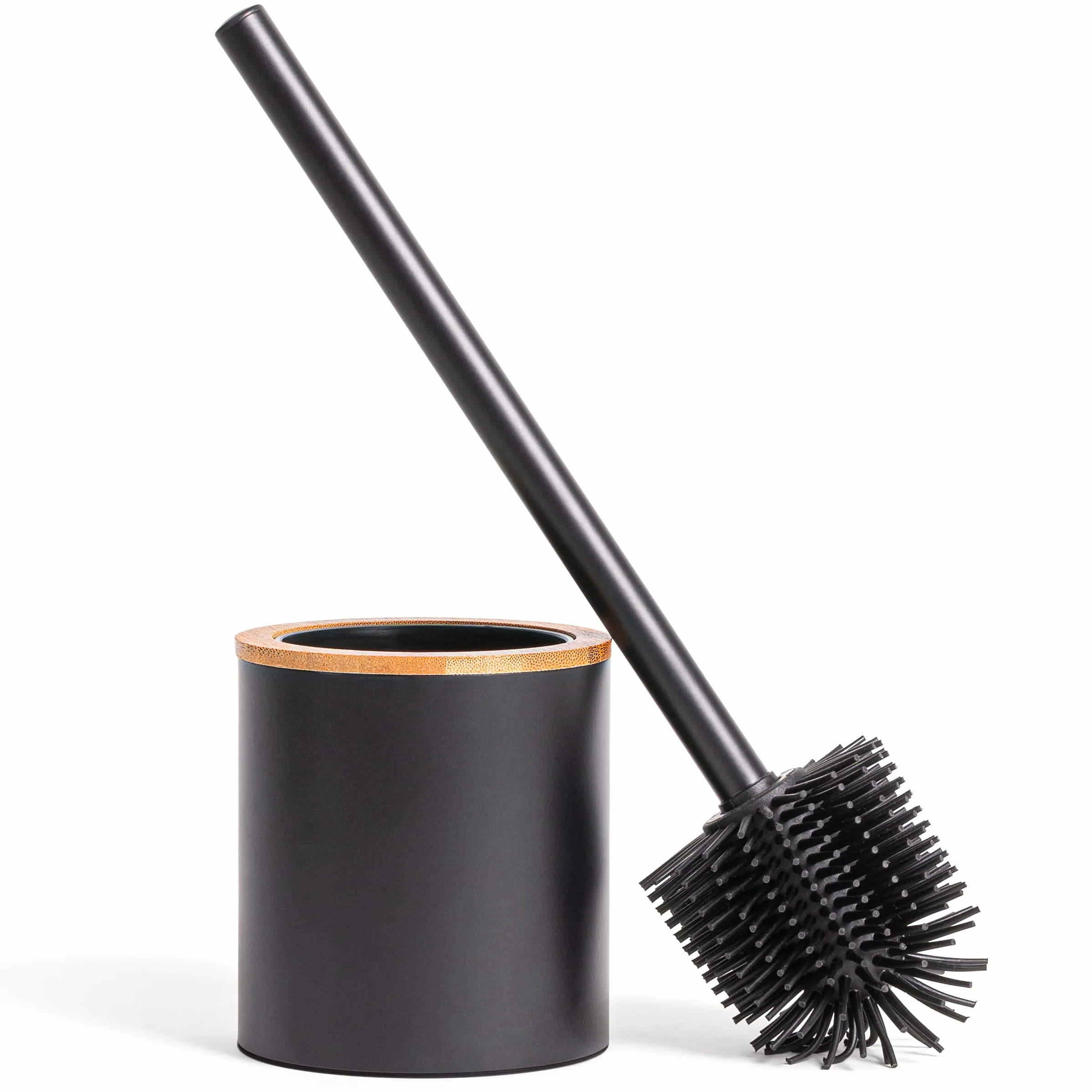KAZAI. Escobillero de Baño Silicona y Escobillero en Óptica de Madera | Acero Inoxidable, Cabeza de Silicona, Diseño de Bambú | Negro