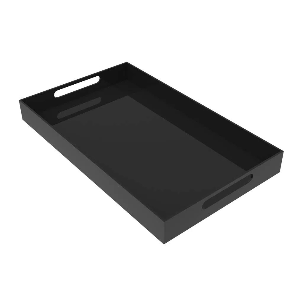 Bandeja acrílica negra para servir, 30,5 x 50,8 cm, para mesa de café, desayuno, té, comida, mayordomo, exhibición, cocina, maquillaje, vani con asas