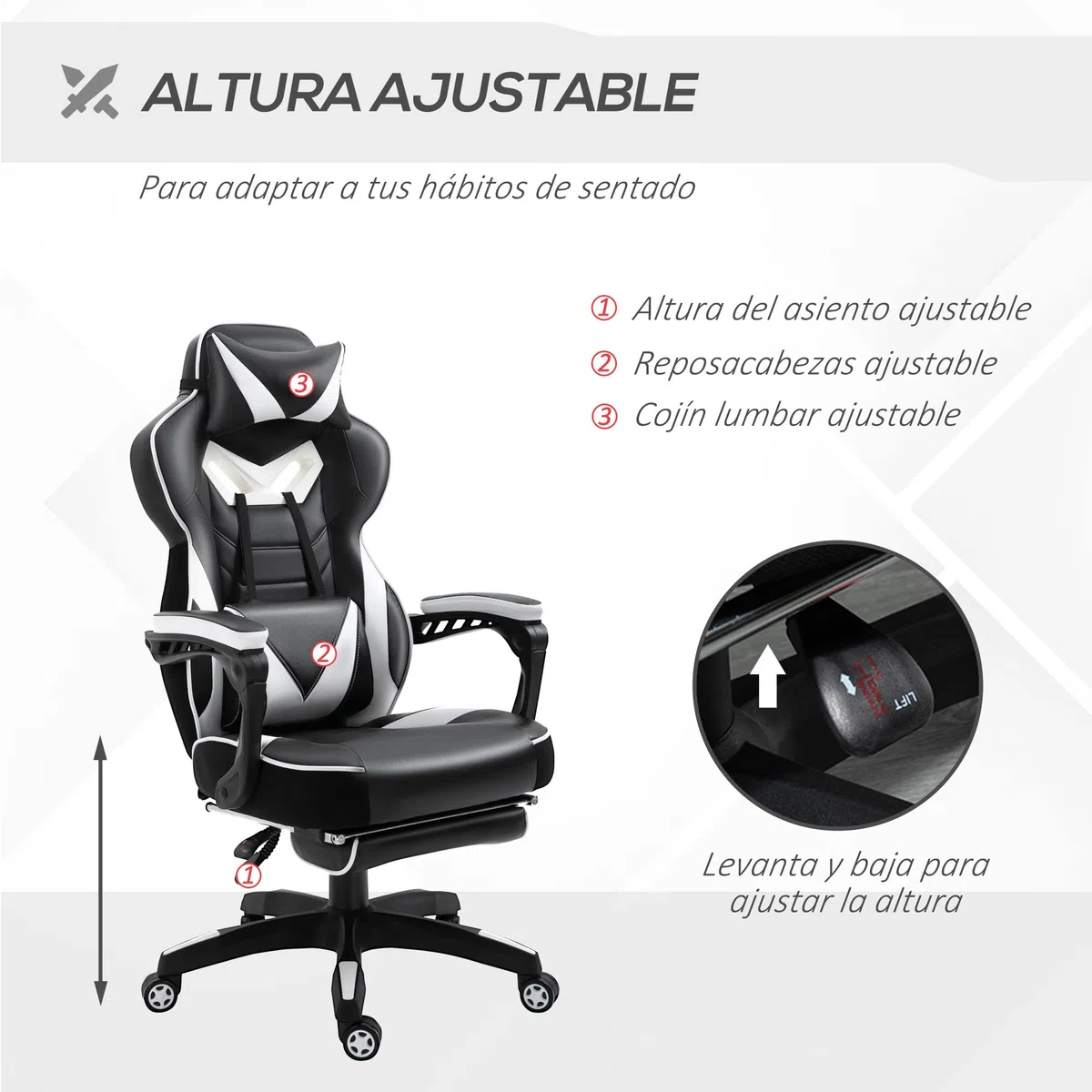 Vinsetto Silla Gaming Regulable en Altura 65x70x118,5-128,5 cm Blanco | Ergonómica, Silla de Escritorio de Oficina, Respaldo Reclinable, Reposapiés, Reposacabezas, Cojín Lumbar, Ruedas