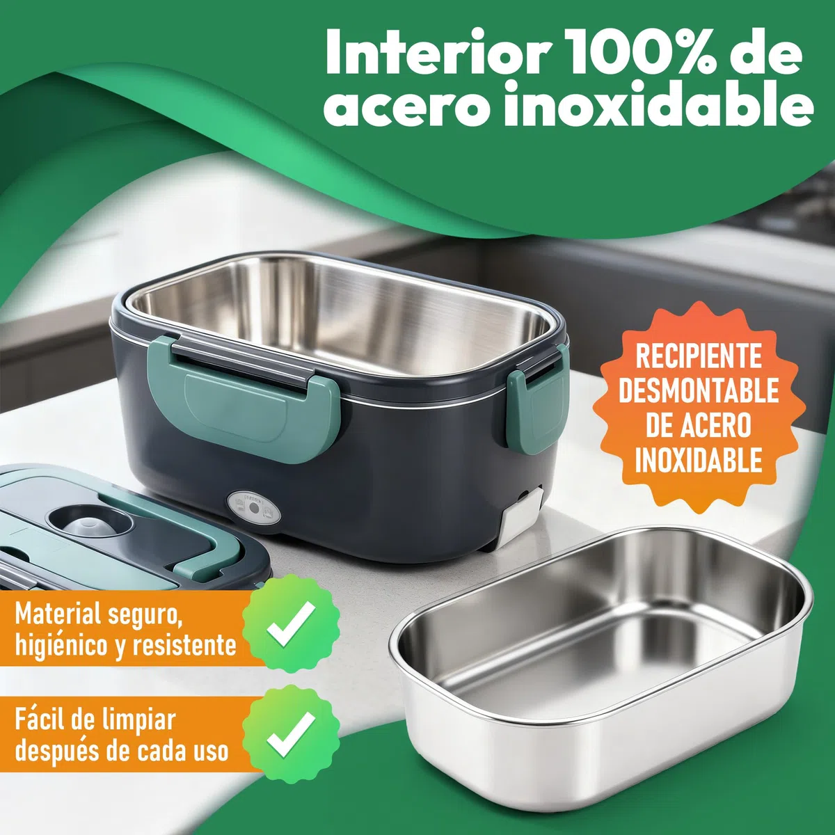 Tupper Calentador para Comida – Tartera Comida Trabajo, Loncheras de Trabajo - Marmita Eléctrica Portátil 1,5L con 2 Cables (Casa y Coche) – Lancheira Termica Facil de Limpiar
