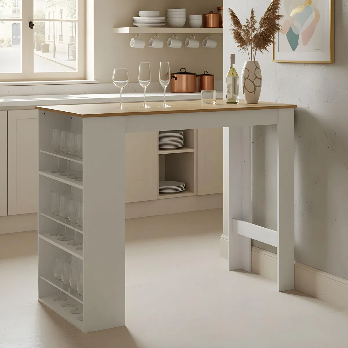 buybyroom Mesa de Bar con Espacio de Almacenamiento, Mesa de Bar de Cocina, Barra de Bar para Cocina, salón, Comedor, 112×57×106 cm, Blanco + Roble Claro