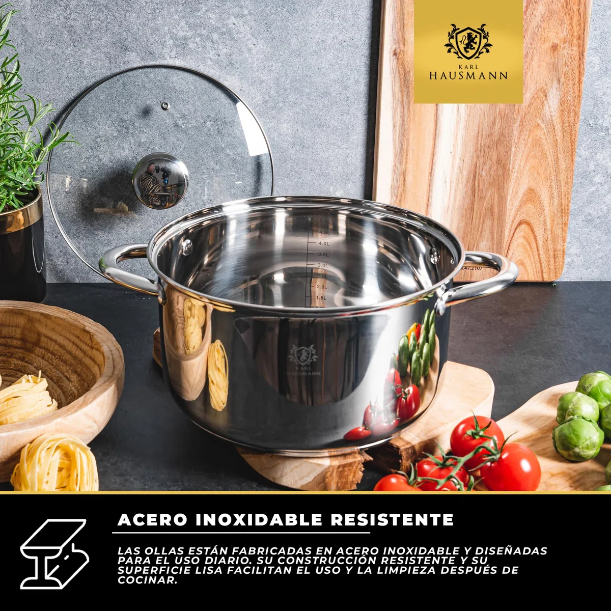 KARL HAUSMANN Bateria Cocina Acero Inoxidable con Tapa de Vidrio - 2 Ollas y 1 Cazo, Aptas para Inducción, Fondo Multicapa para Cocción Uniforme, Válidas para Todo Tipo de Cocinas