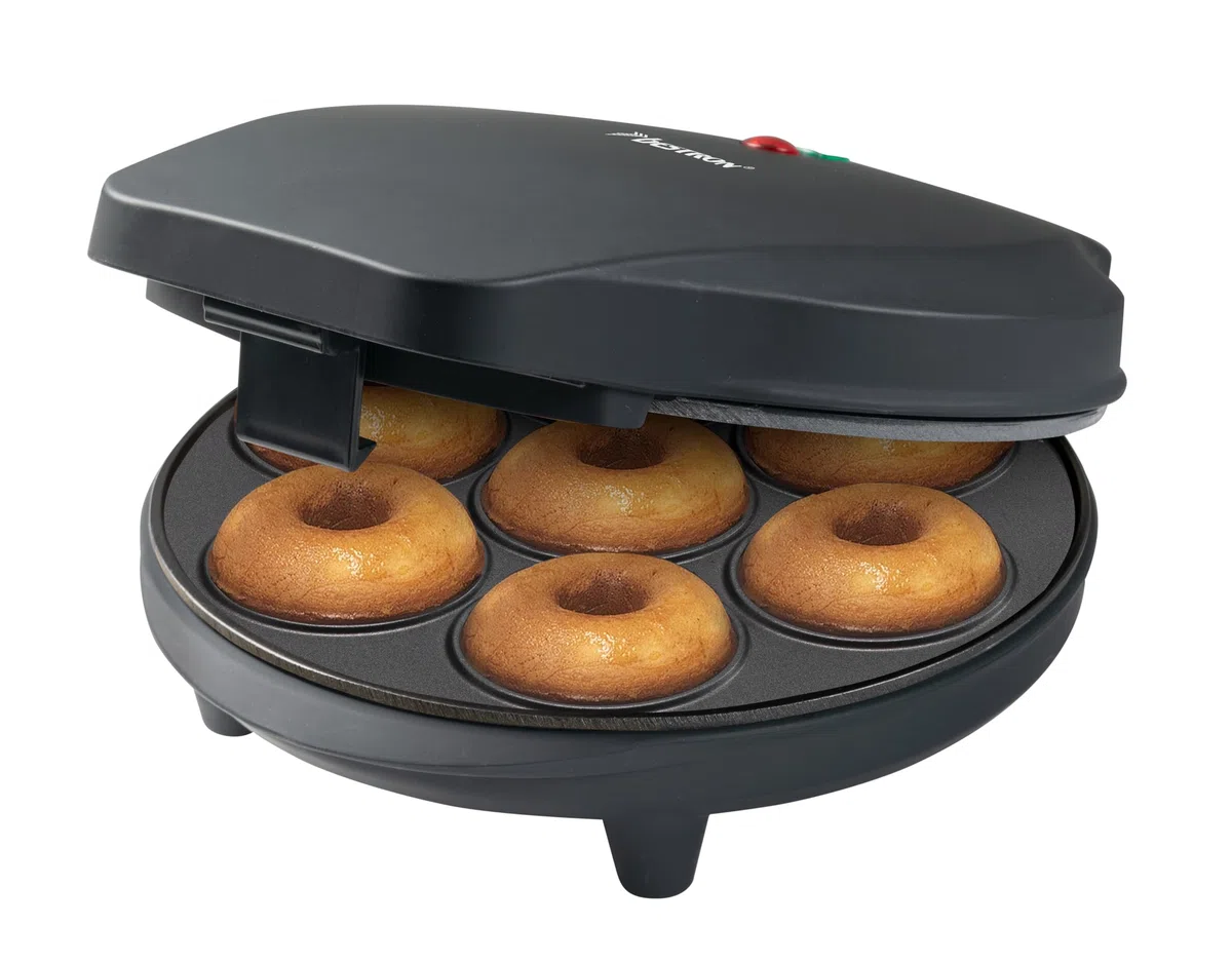 Bestron Donut Maker, mini donut maker eléctrica para 7 pequeños donuts, incl. semáforo de cocción y revestimiento antiadherente, 700 vatios, Color: Negro Mate