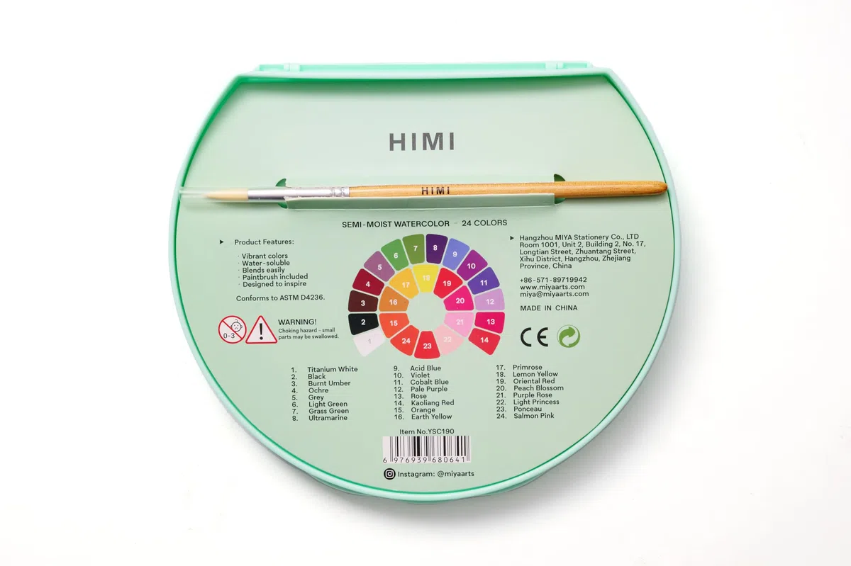 HIMI Juego de acuarelas semihúmedas, 24 colores en sartenes, pincel, edición Green Case Edition, más suave que seco, despierta con un chapoteo de agua, fácil de mezclar, pincel, suministros de juego
