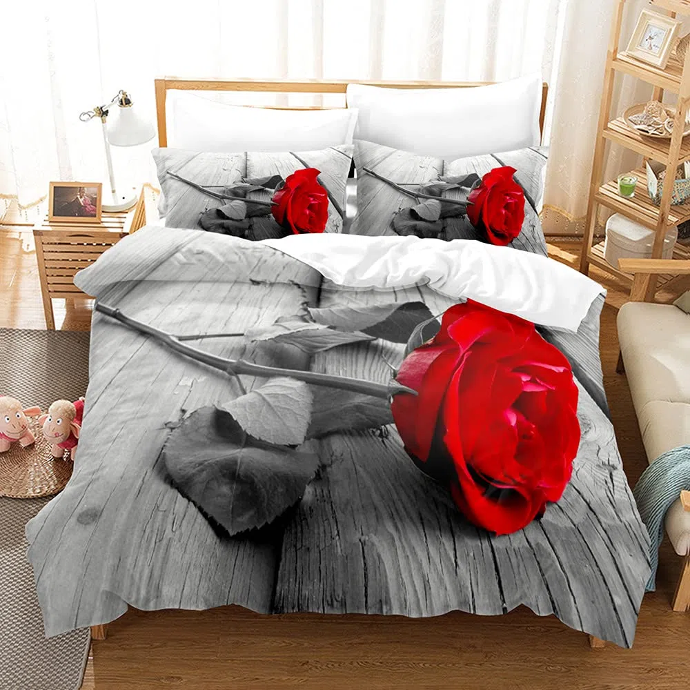 Funda Nórdica Floral Rojo Rosa, Ropa de Cama Creativa 3 Piezas, Corazón Pétalo de Rosa, Señoras 3D Amor (A, 135 x 200 cm)