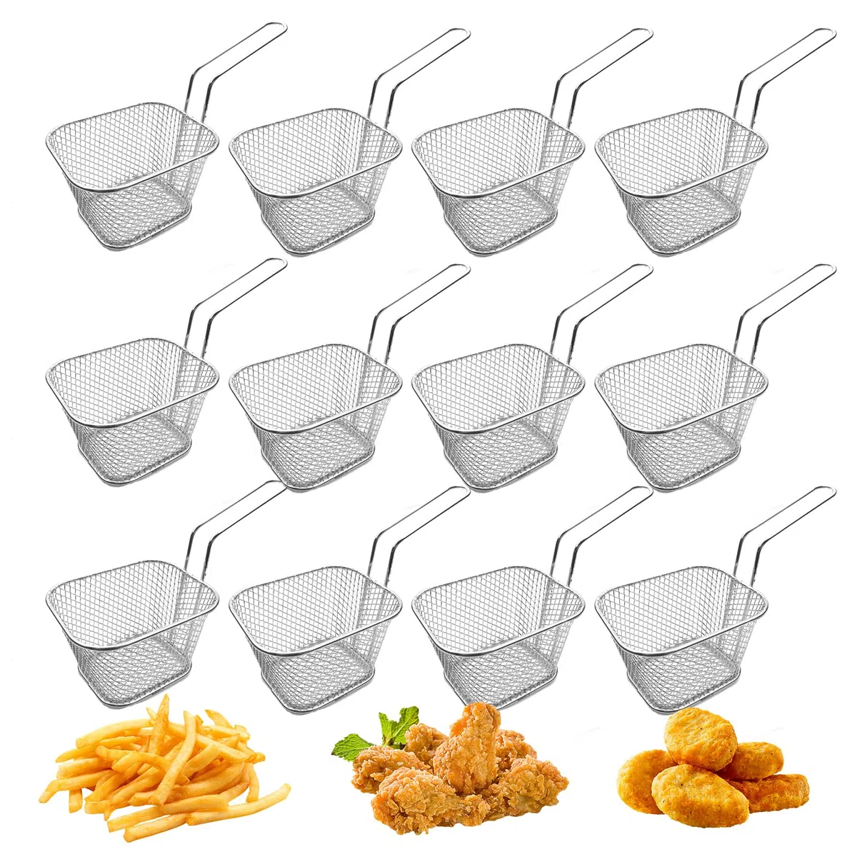 12 cestas para patatas fritas de acero inoxidable, pequeñas cestas para servir con asa, cesta para patatas fritas, cesta para patatas fritas, cesta para freír patatas fritas (plata)