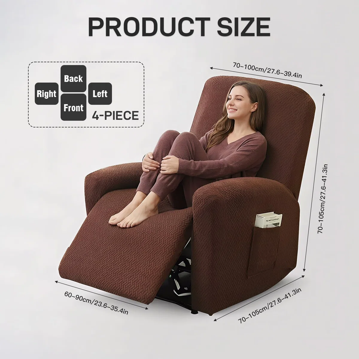 MeYuxg Funda Sillon Relax Reclinable, 4 Piezas Funda Butaca 1 Plaza Elástica Antideslizante, con Protectores para Reposabrazos y Bolsillos Laterales (Café Profundo)