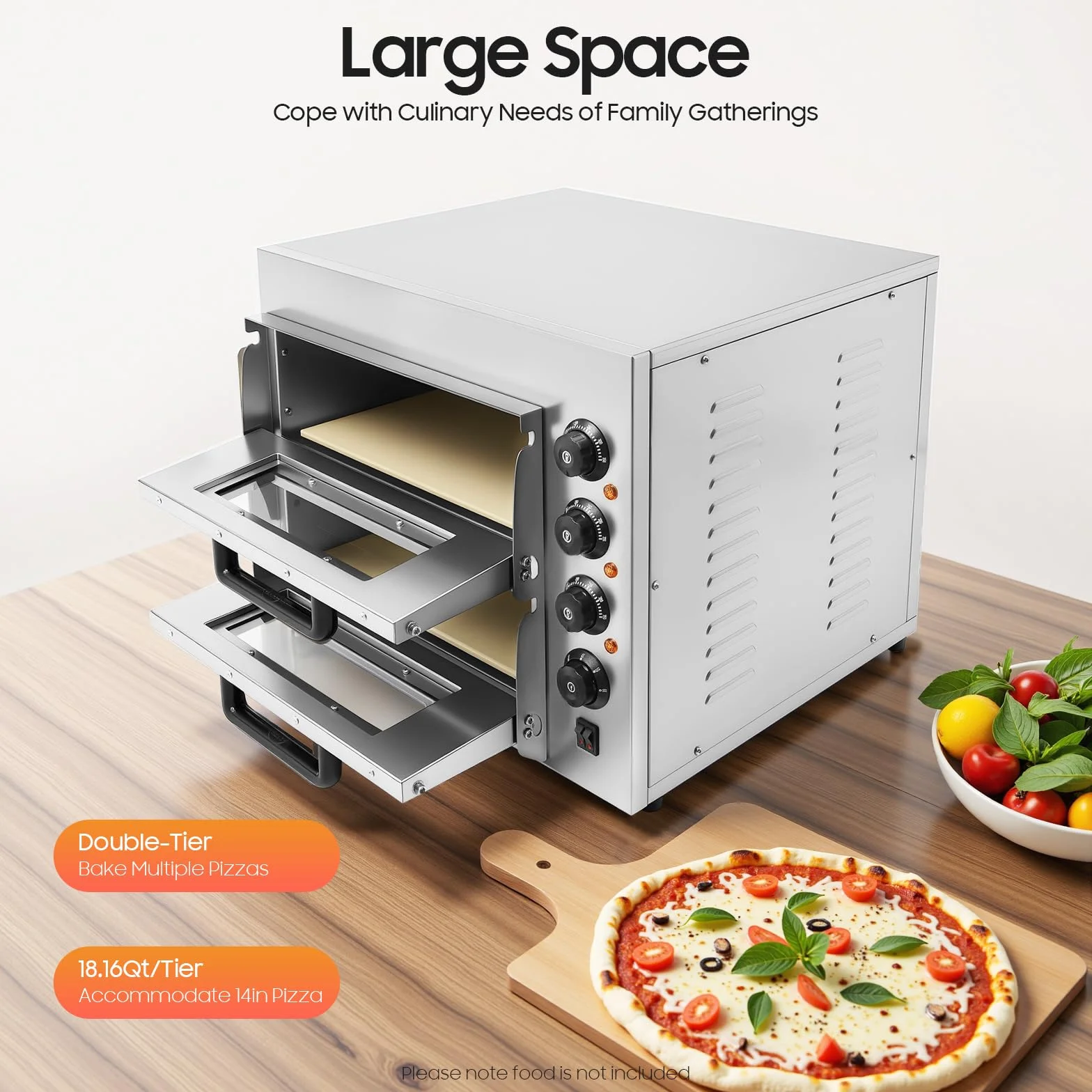 3000 W eléctrico de doble capa mini horno de pizza profesional de acero inoxidable con temporizador y guantes ajustables temperatura 50-350 ℃ ampliamente utilizado en cocinas domésticas, restaurantes