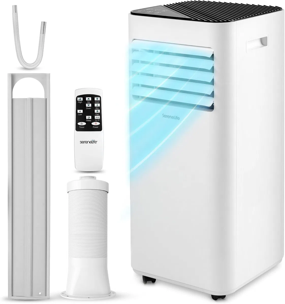 SereneLife Aire Acondicionado Móvil 7000 BTU 28 m² - Aire Acondicionado Portátil con Descarga, Aire Acondicionado Móvil 3 en 1 Ventilador Deshumidificador, Kit Ventana Incluido, Silenciador 54 dB